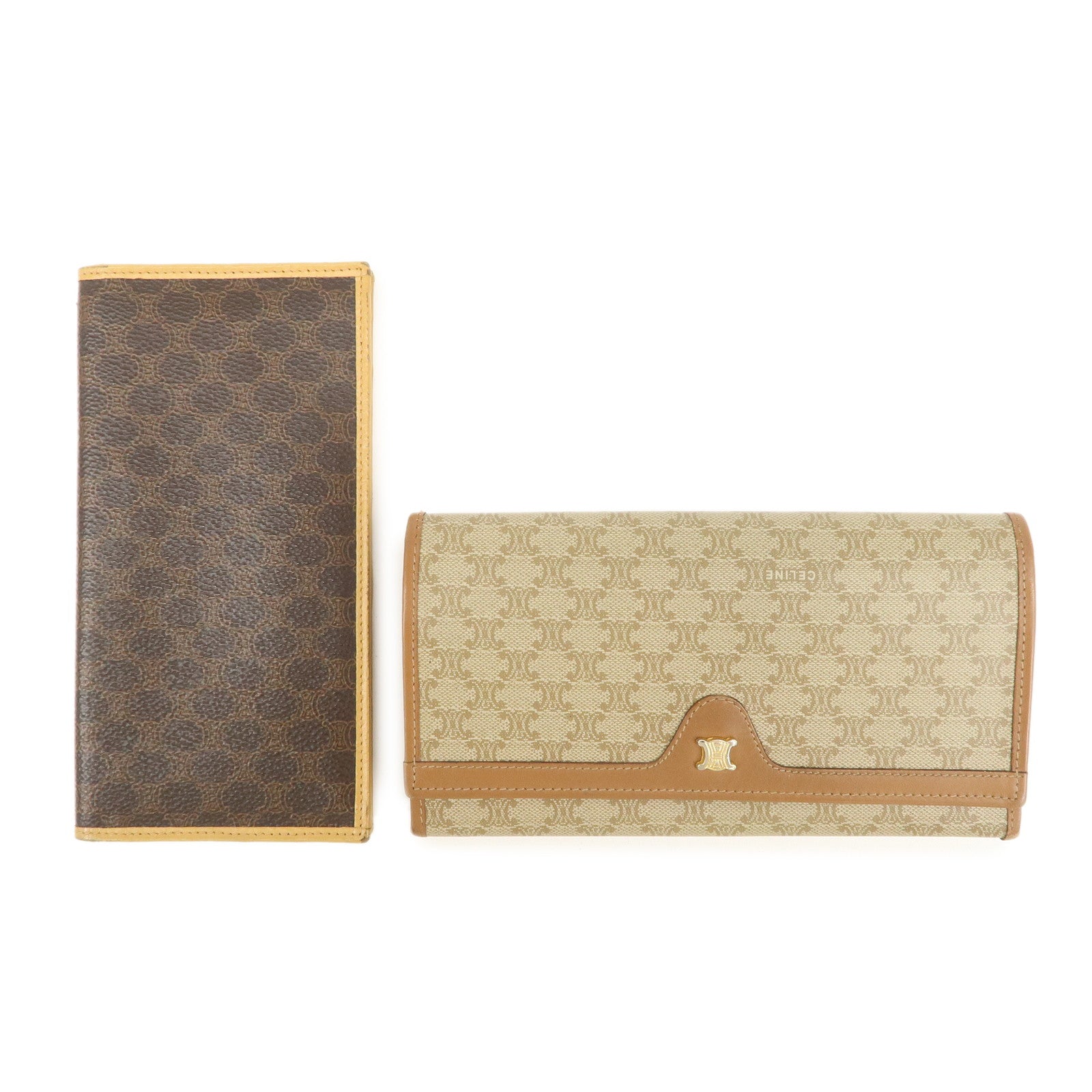 CELINE Macadam Set of 2 Long Wallet Leather Beige Dark Brown