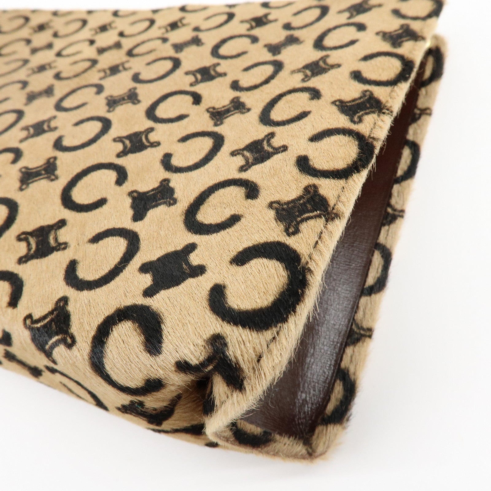 CELINE C Macadam Pony Hair Leather Clutch Bag Pouch Beige Brown