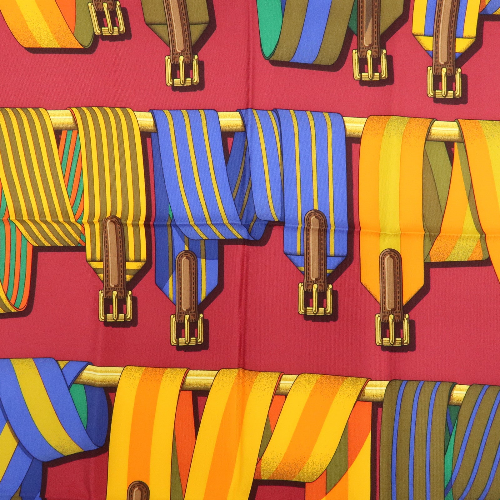 HERMES Carre 90 Silk 100% Scarf J.METZ Les Sangles Wine Red Yellow