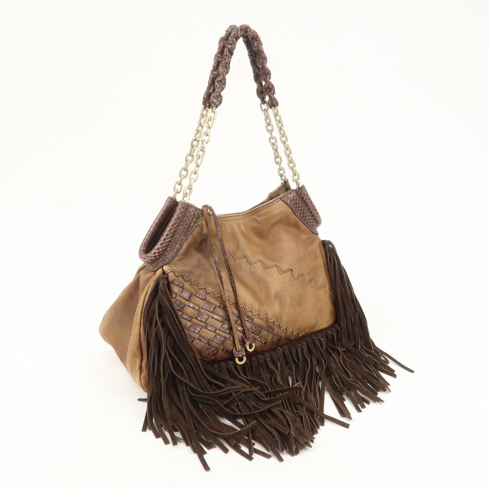 JIMMY CHOO Leather Suede Chain Shoulder Bag Hand Bag Brown