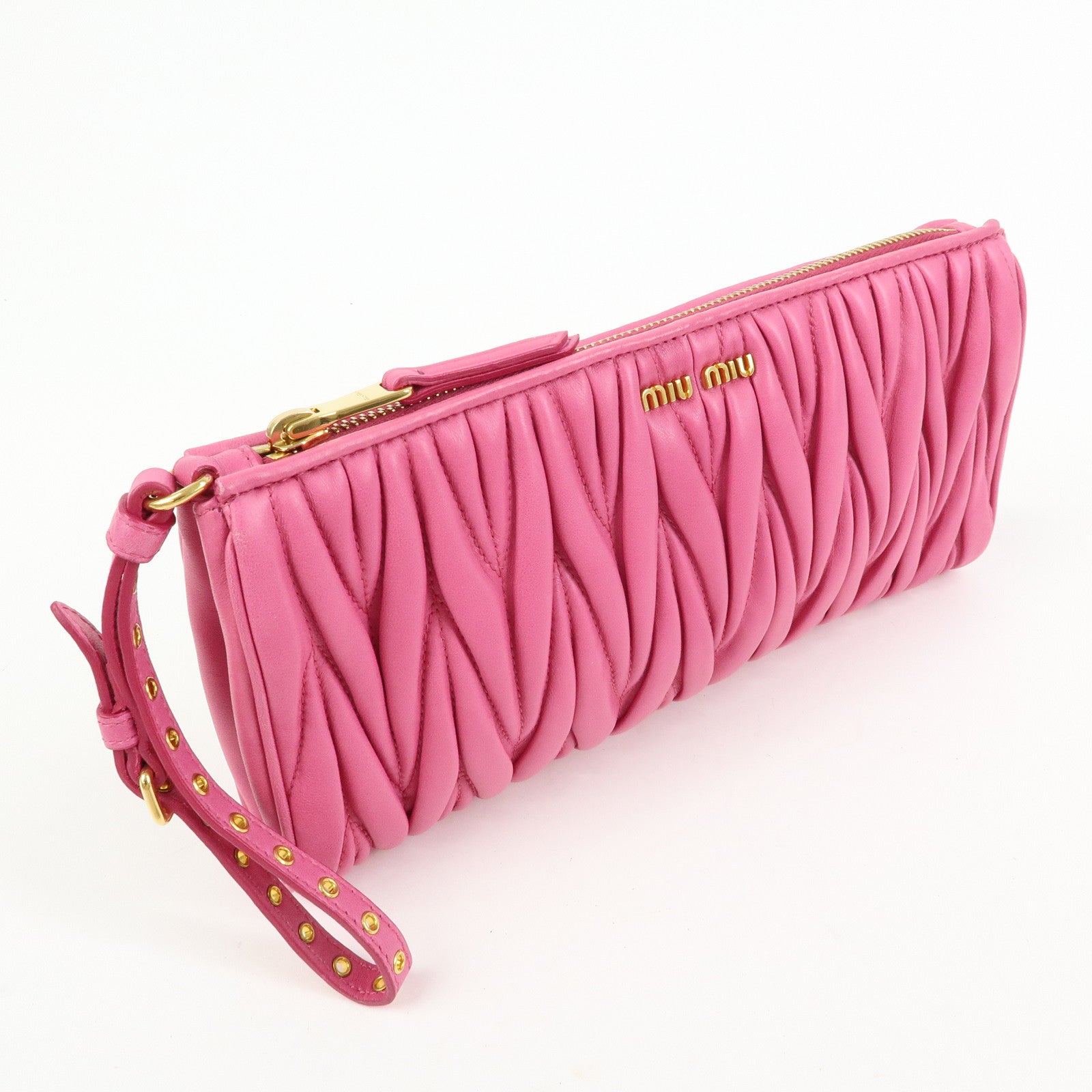 MIU MIU Matelasse Nappa Leather Clutch Bag Wristlet Bag Pink 5N1455