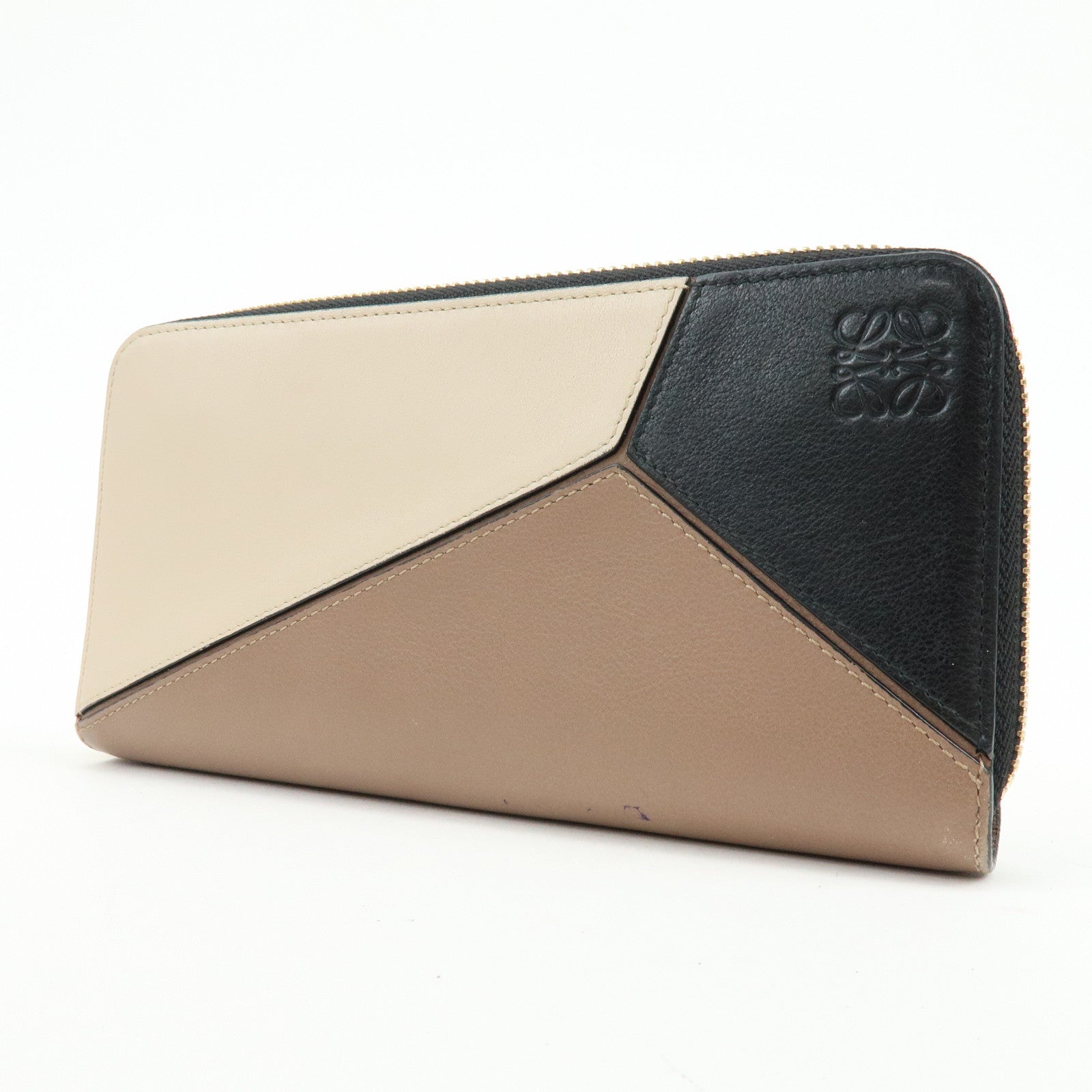 LOEWE Puzzle Calfskin Zippy Long Wallet Brown Beige Black