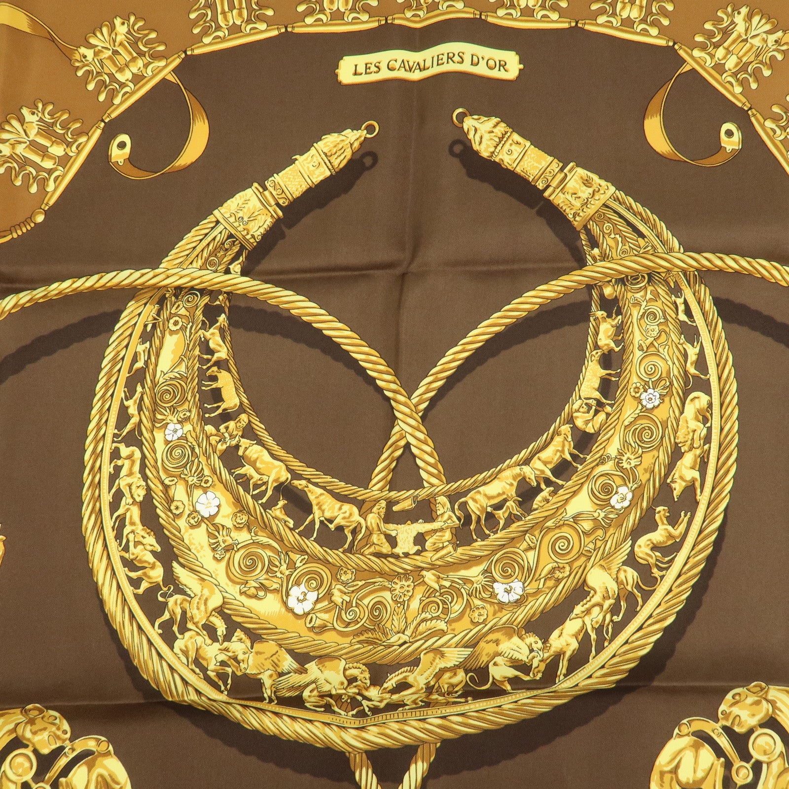 HERMES Carre 90 Silk 100% Scarf LES CAVALIERS D'OR Brown Gold