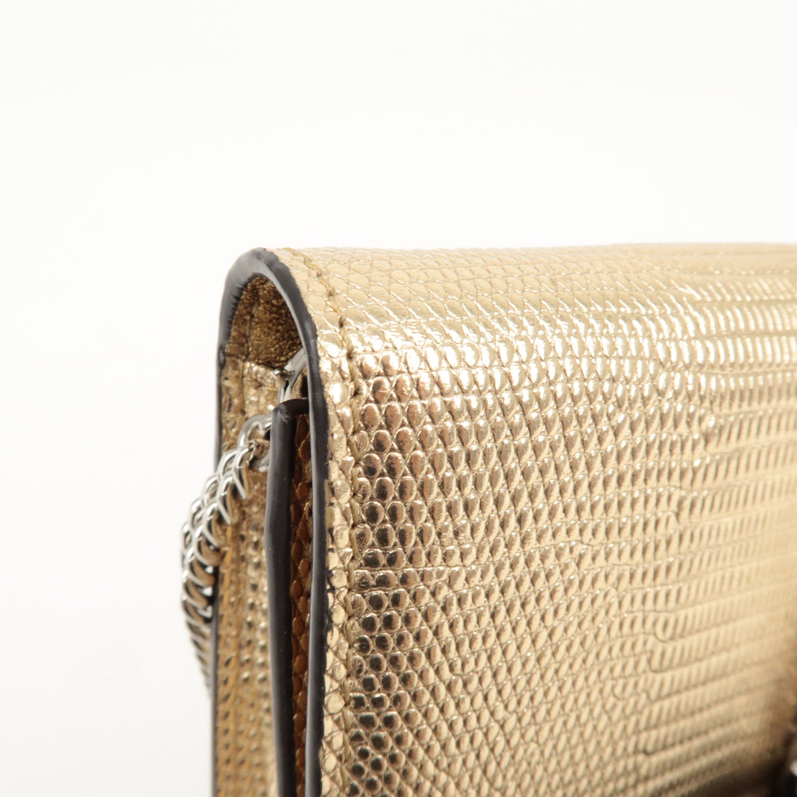 JIMMY CHOO Leather Rhine Stone Chain Wallet Gold Silver HDW Used