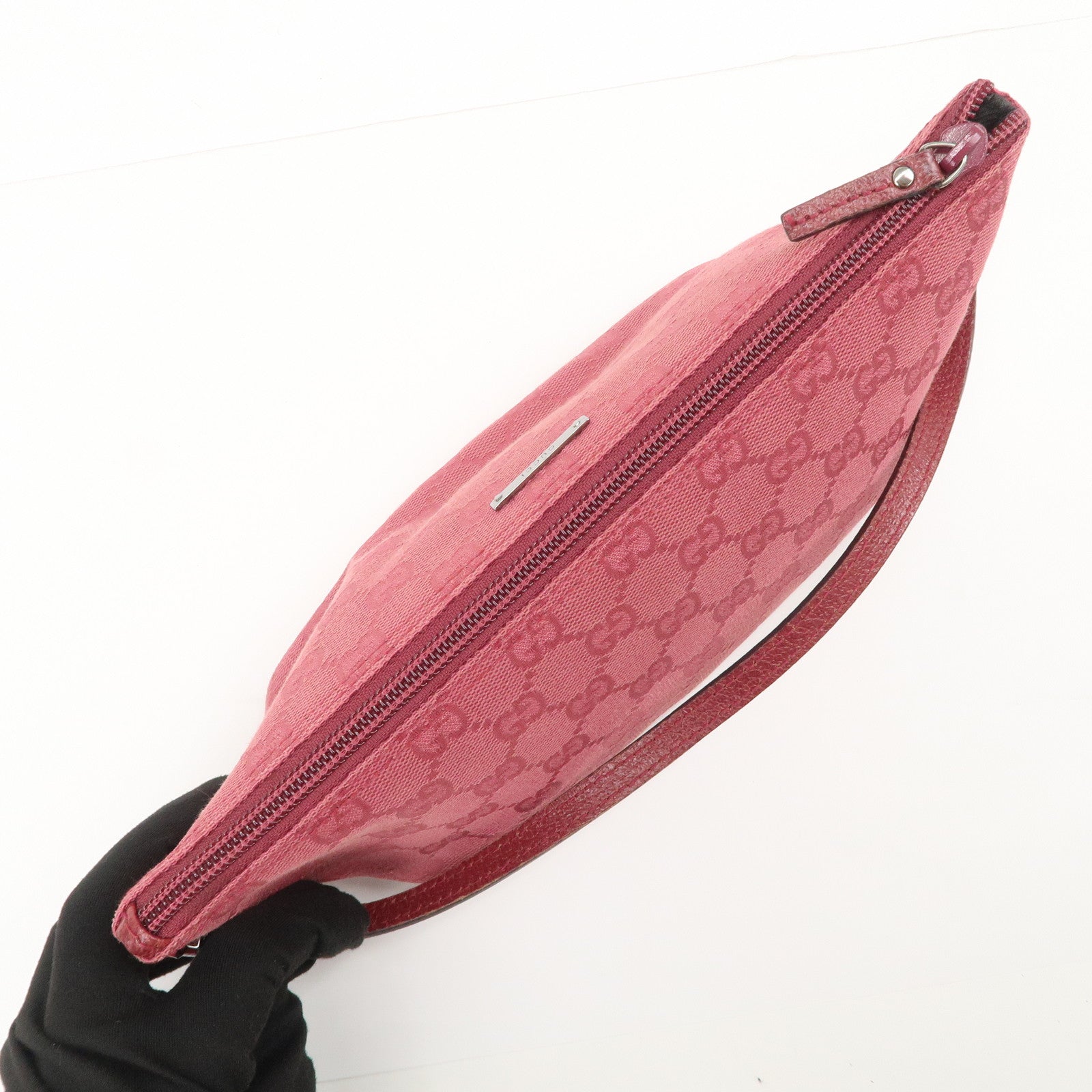 GUCCI Boat Bag GG Monogram Canvas Leather Hand Bag Pouch Pink 07198