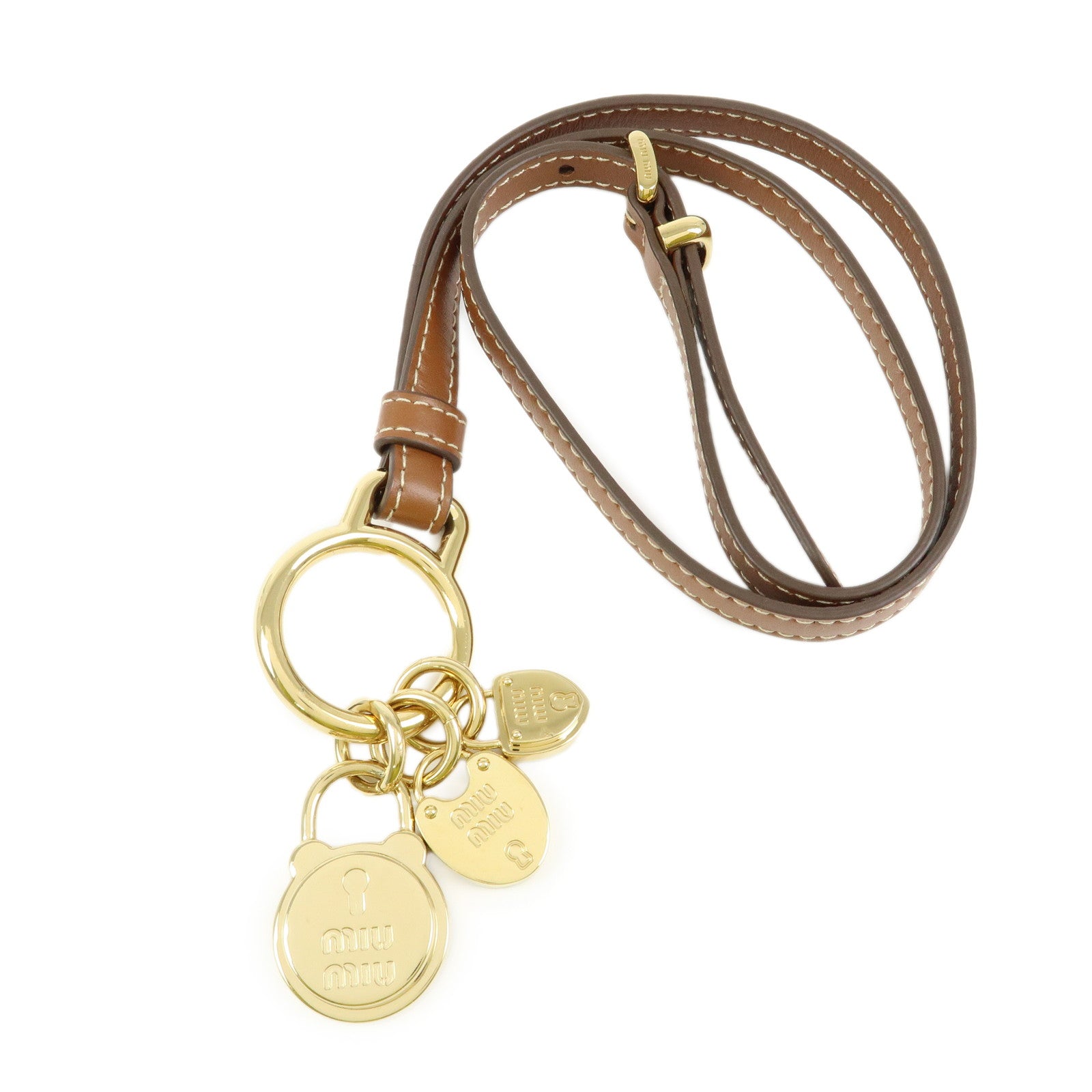 MIU MIU Leather Bag Charm Key Chain Brown Gold 5IC182