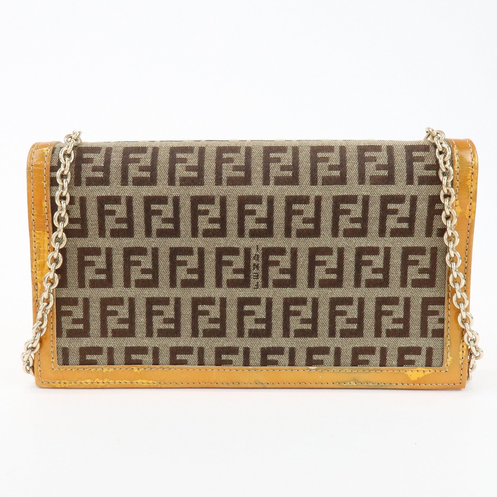 FENDI Zucchino Canvas Leather Chain Long Wallet Brown Gold 8M0219