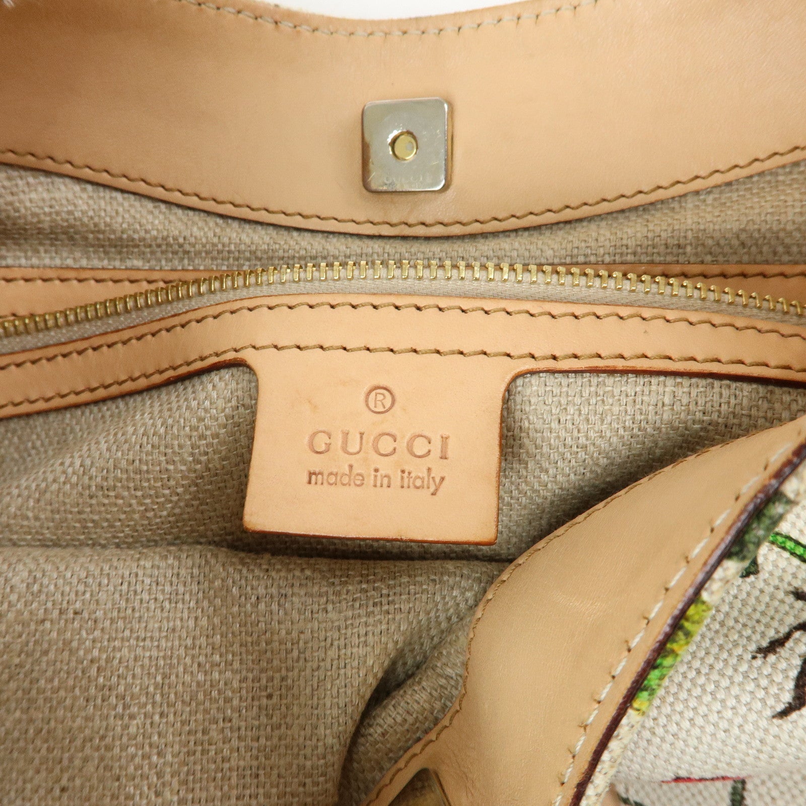 GUCCI Horsebit Flora Leather Canvas Shoulder Bag Beige White 137388