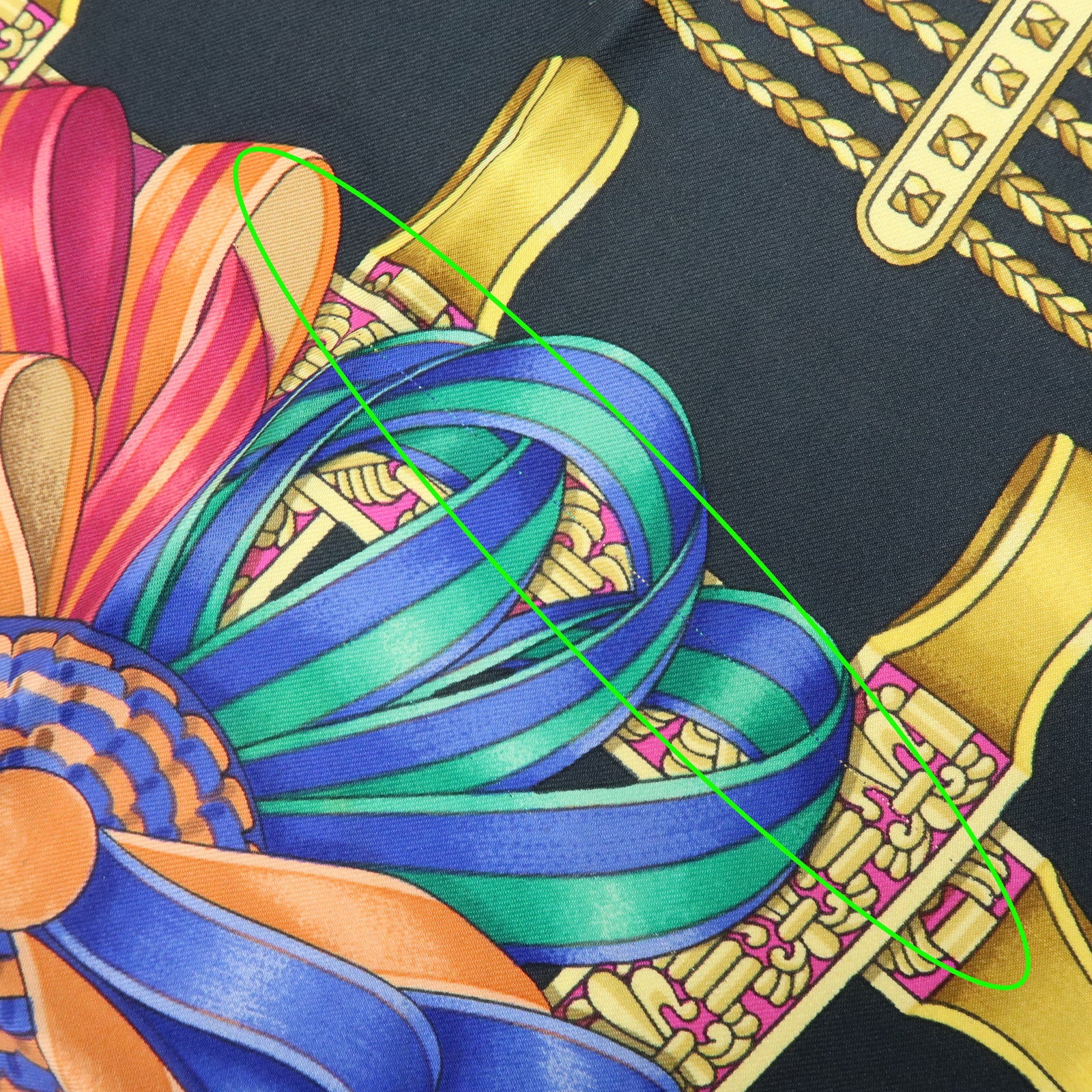 HERMES Carre 90 Silk 100% Scarf LES RUBANS DU CHEVAL Black Gold