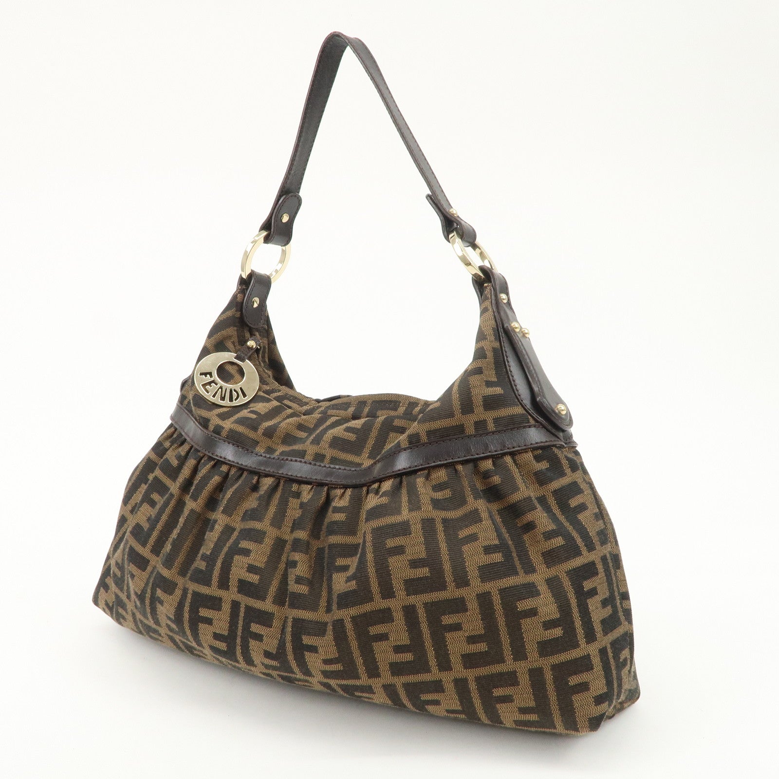 FENDI Zucca Canvas Leather Shoulder Bag Hand Bag Black Brown 8BR448