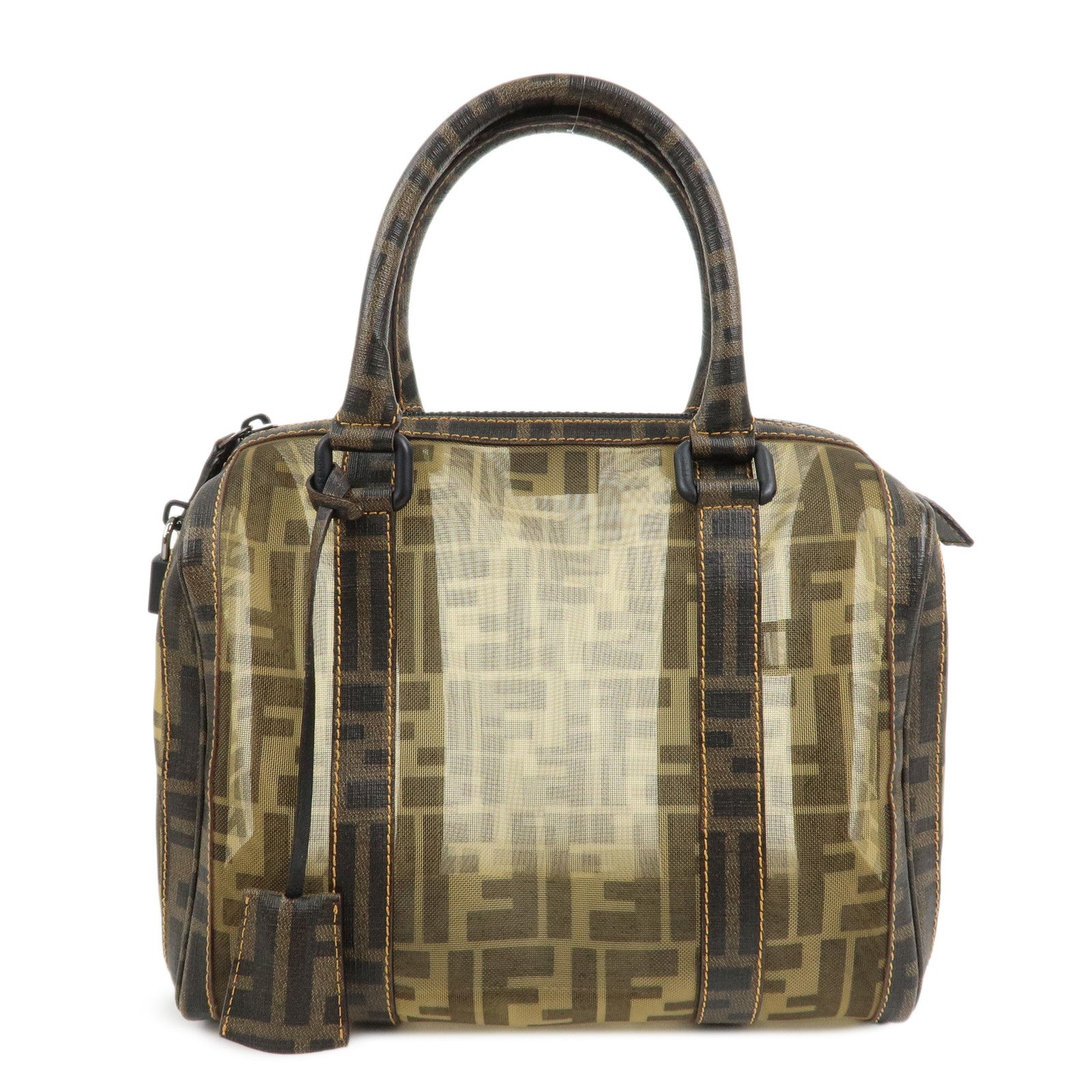 FENDI Zucca Mesh PVC Leather Boston Bag Hand Bag Brown 8BL092