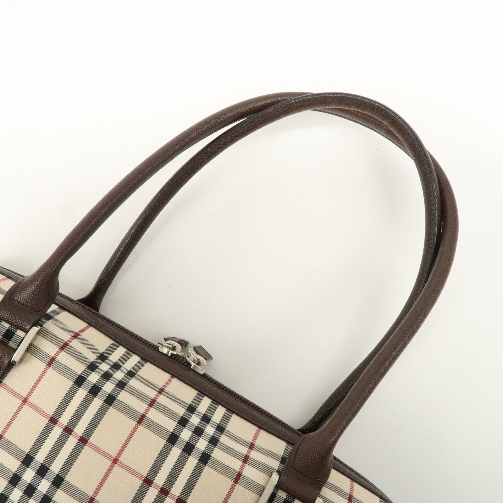 BURBERRY Leather Canvas Boston Bag Hand Bag Nova Plaid Brown Used