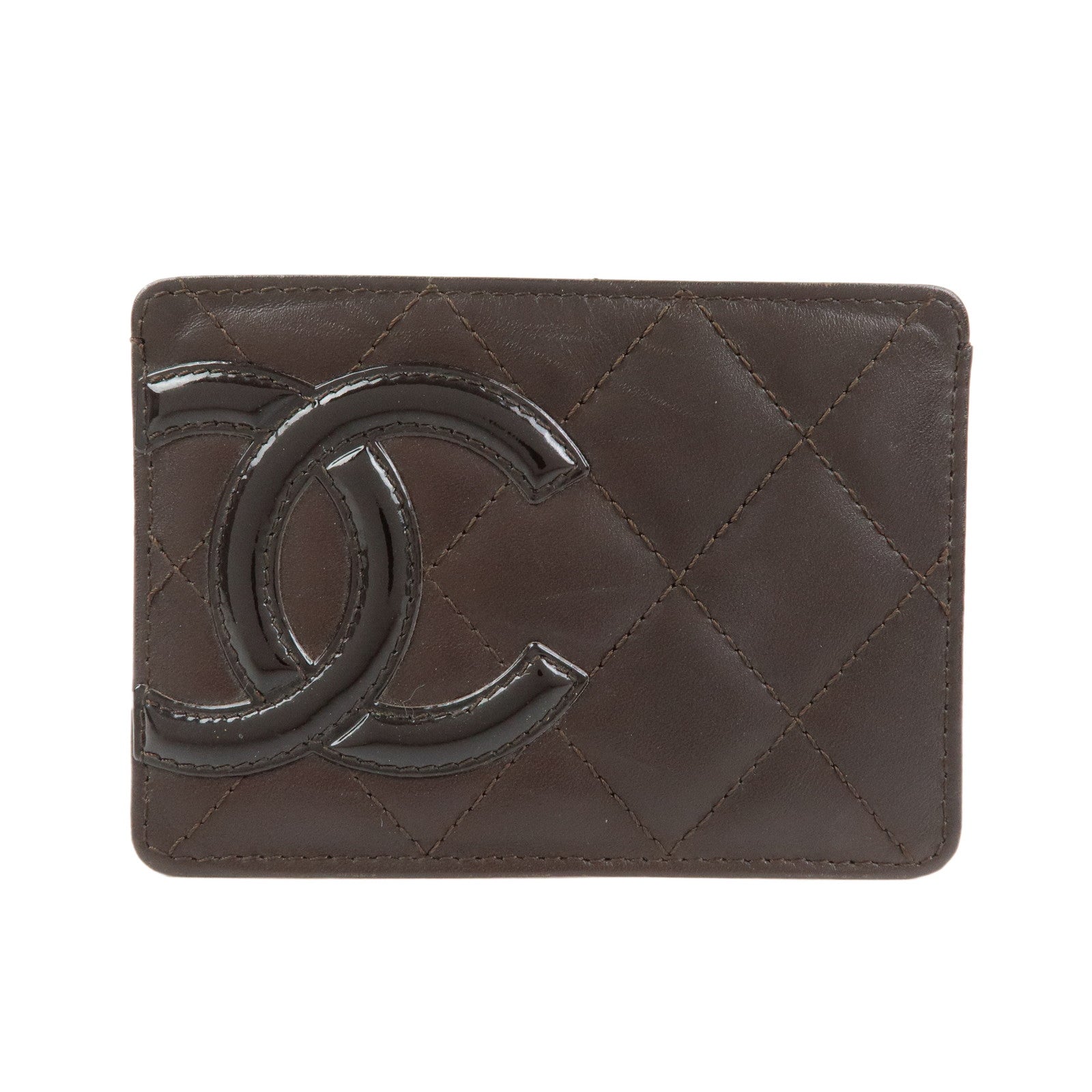 CHANEL Cambon Line COCO Mark Lamb Skin Leather Card Case A26725