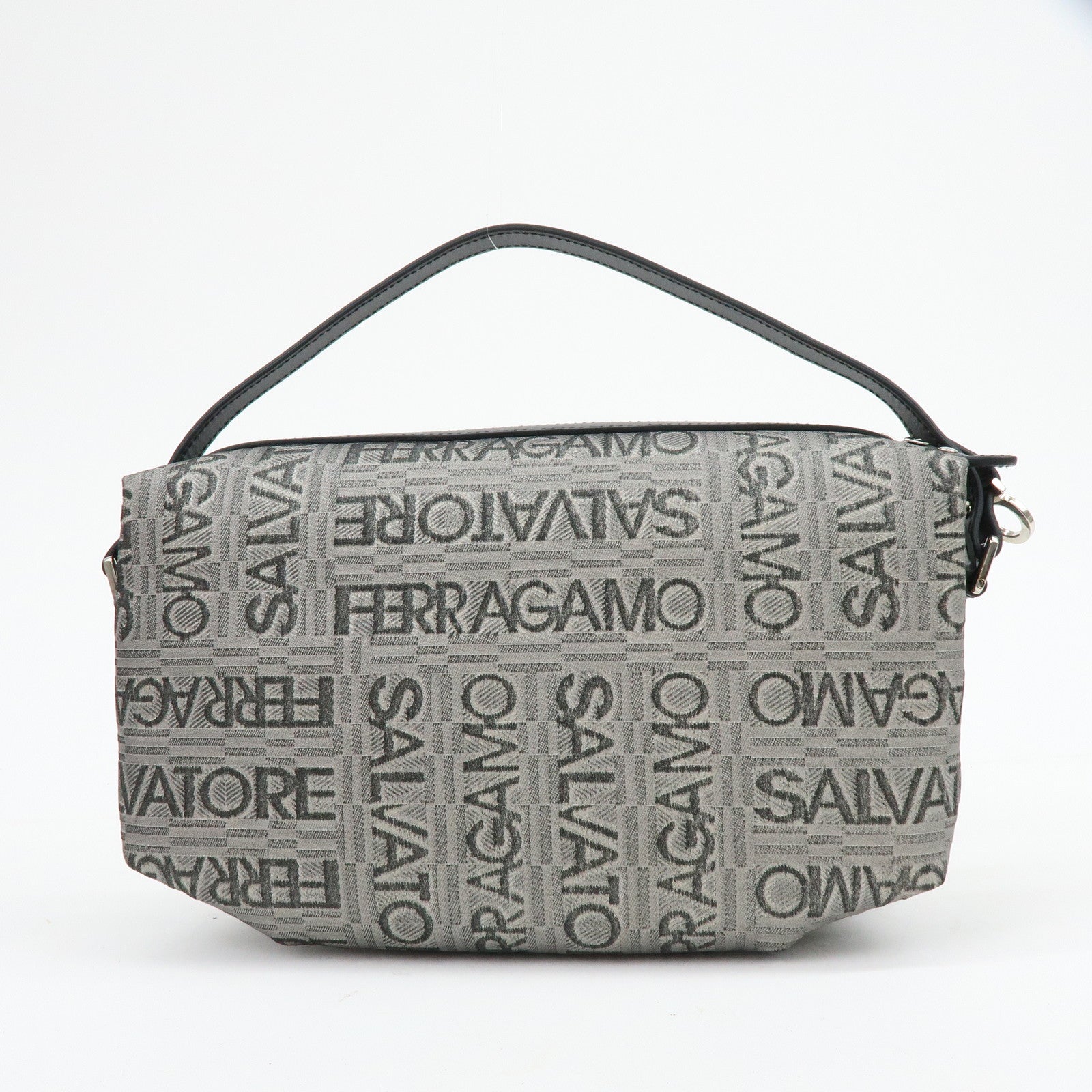 Ferragamo Gancini Logo Canvas Leather Hand Bag Pouch Silver Black