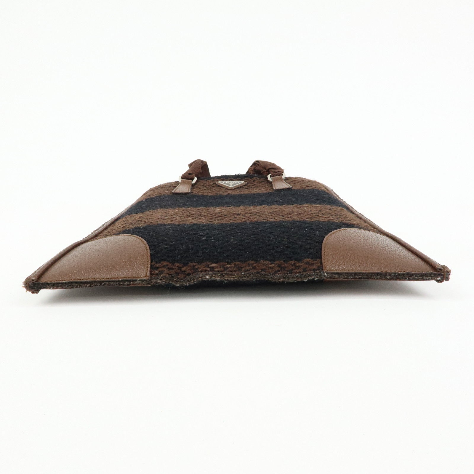 PRADA Triangle Logo Tweed Canvas Hand Bag Brown Black B11268