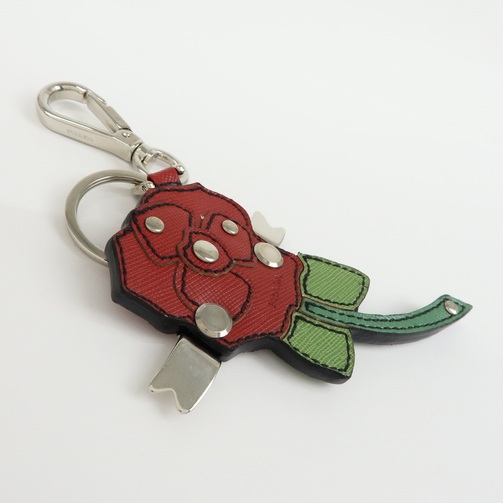 PRADA Saffiano Leather Rose Motif Bag Charm Key Holder Red 1AR290