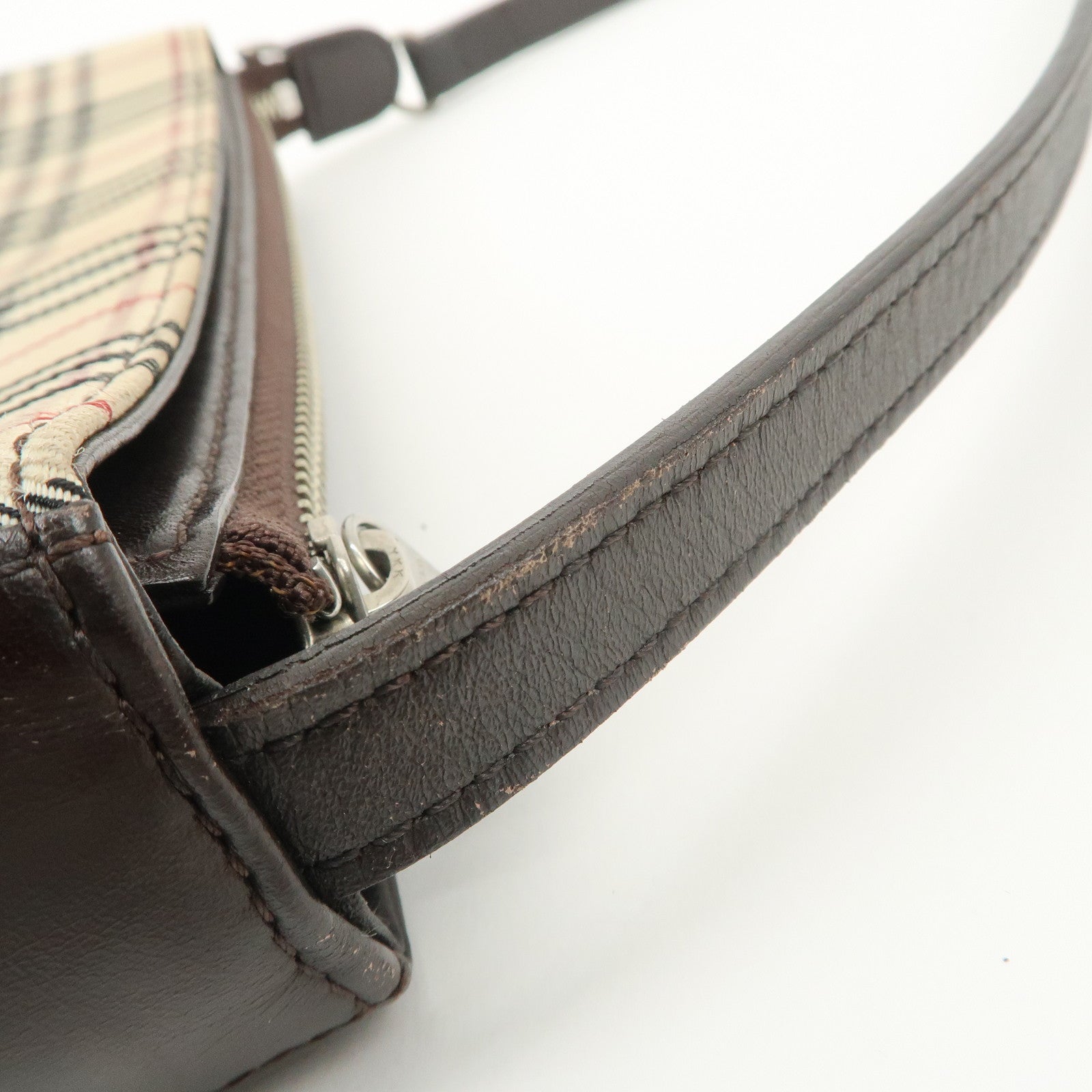 BURBERRY Leather Canvas Shoulder Bag Nova Plaid Brown