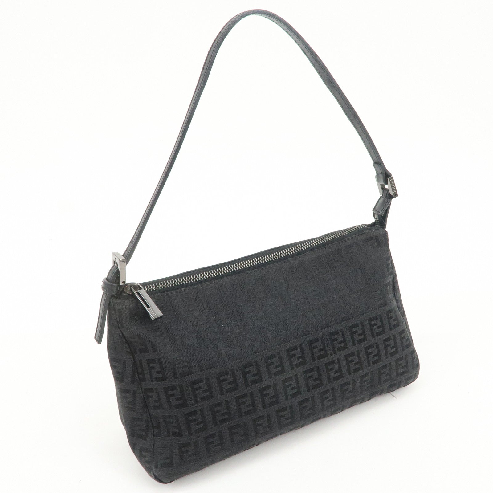 FENDI Zucchino Canvas Leather Shoulder Bag Hand Bag Pouch Black