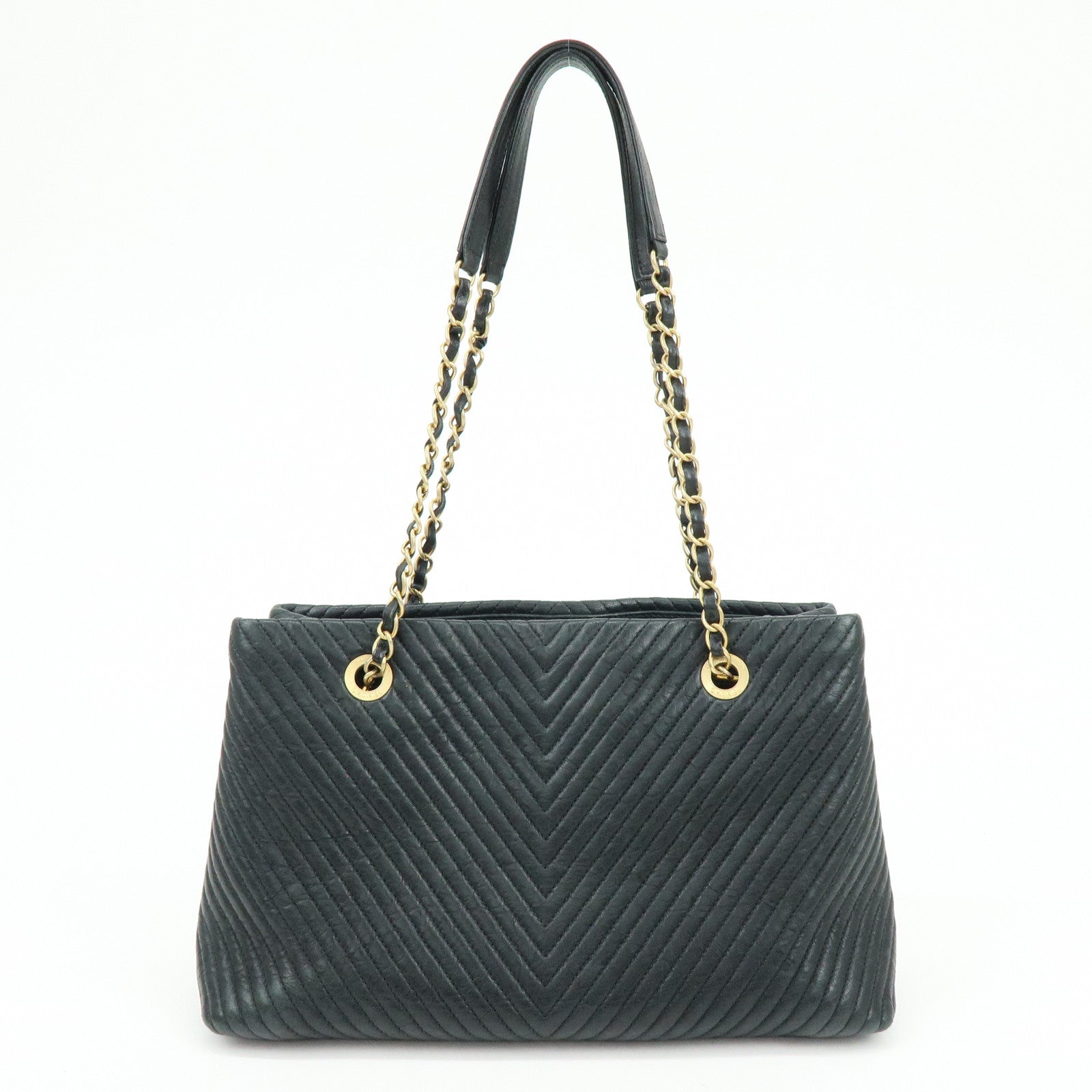 CHANEL Chevron Calf Leather Shoulder Bag Tote Bag Black