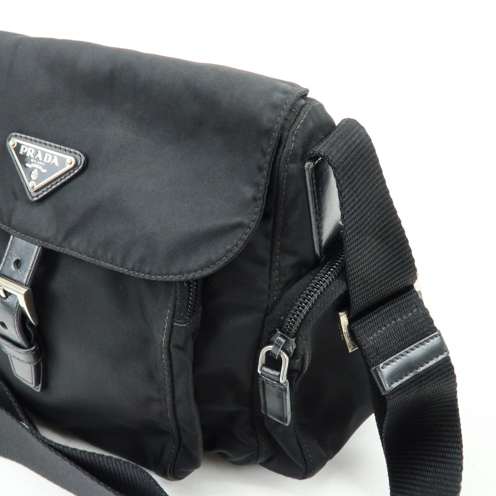 PRADA Triangle Logo Nylon Leather Shoulder Bag Crossbody Bag Black
