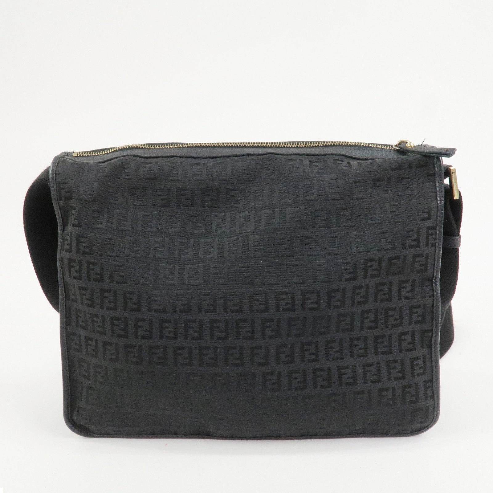 FENDI Zucchino Canvas Leather Shoulder Crossbody Bag Black 8BT090