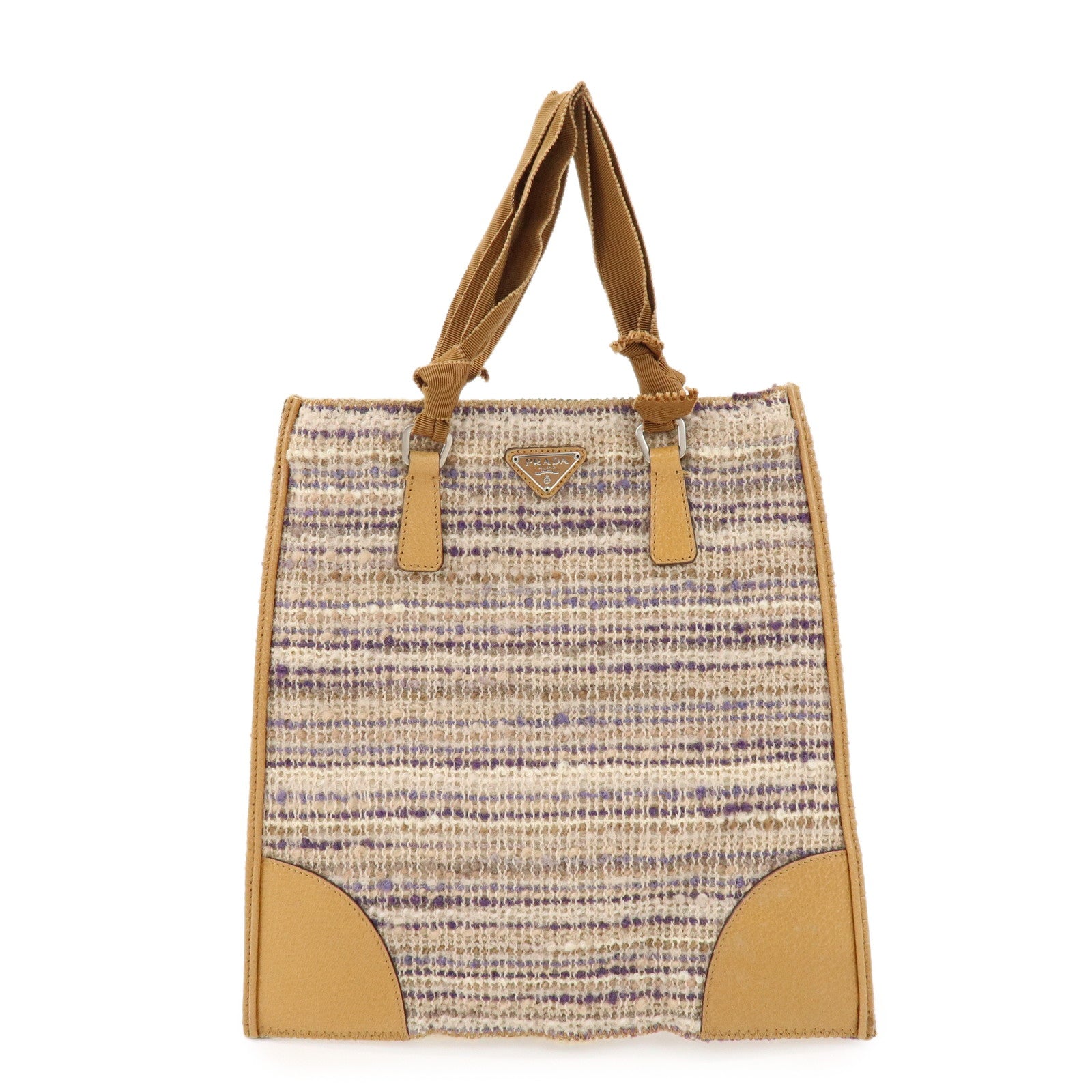 PRADA Triangle Logo Tweed Leather Hand Bag Light Brown Multicolor