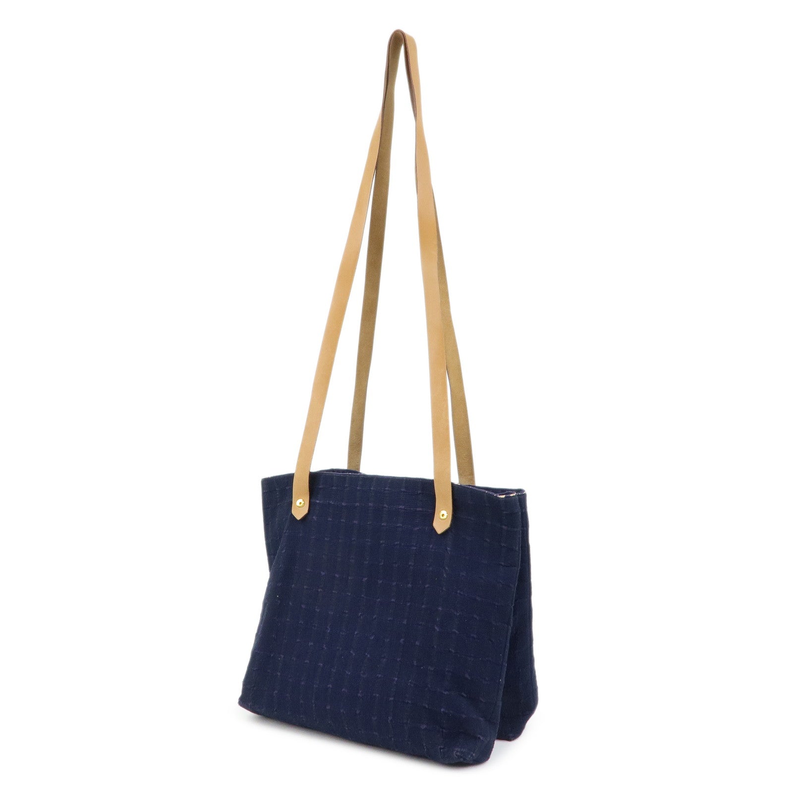 HERMES Amedaba Cabas de Poche Cotton Canvas Leather Tote Bag Navy