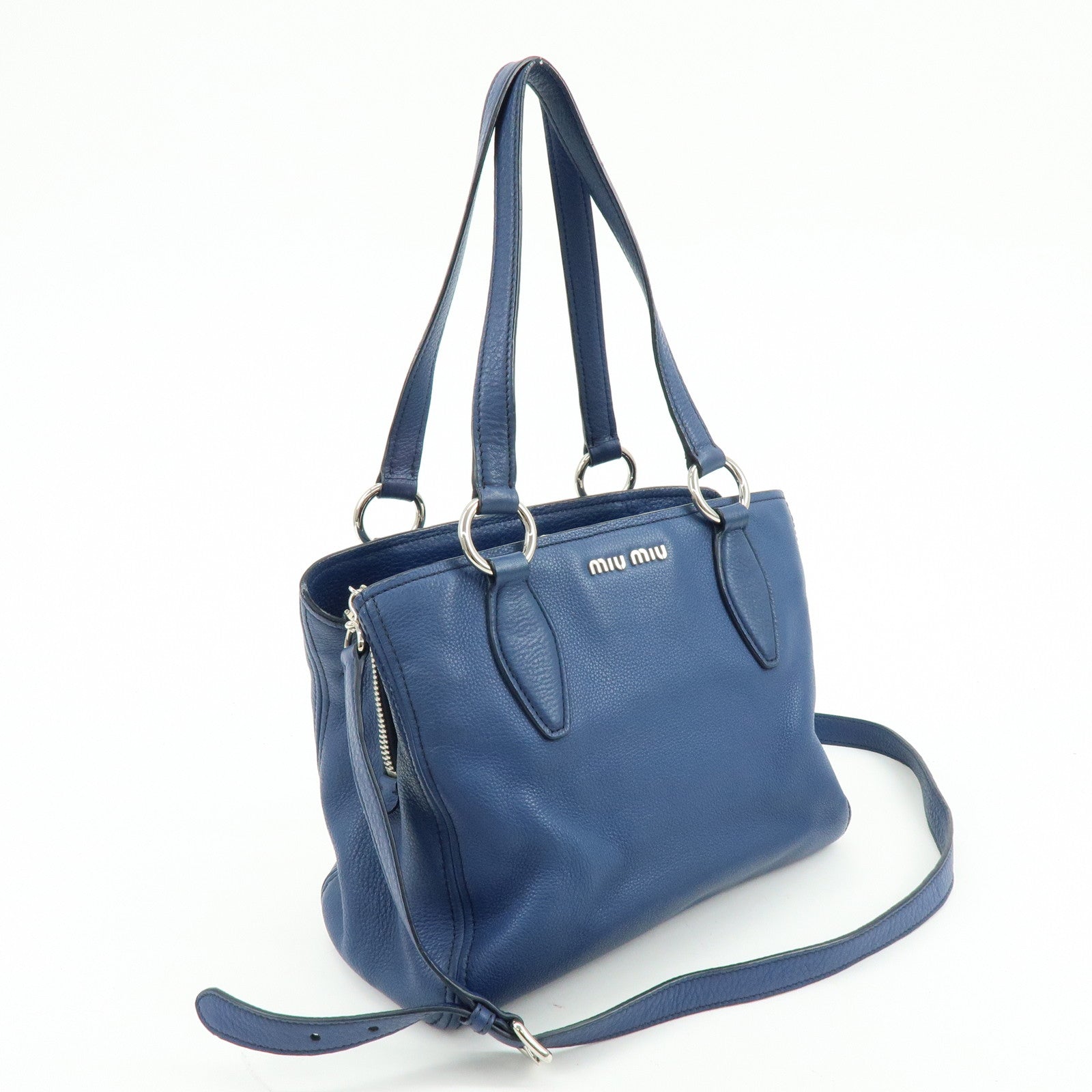MIU MIU Leather 2Way Bag Hand Bag Shoulder Crossbody Bag Blue