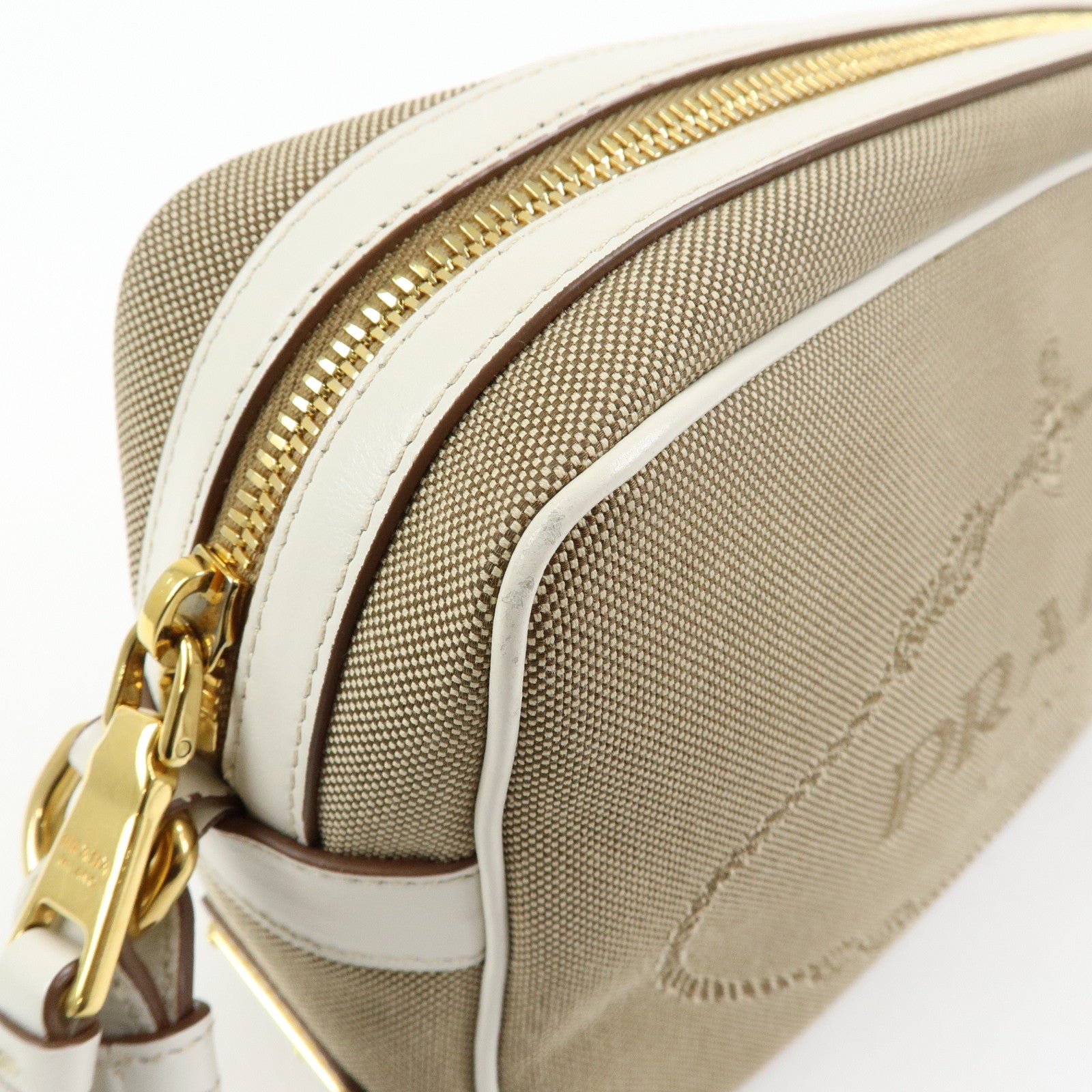 PRADA Logo Jacquard Leather Shoulder Bag Beige White 1BH089