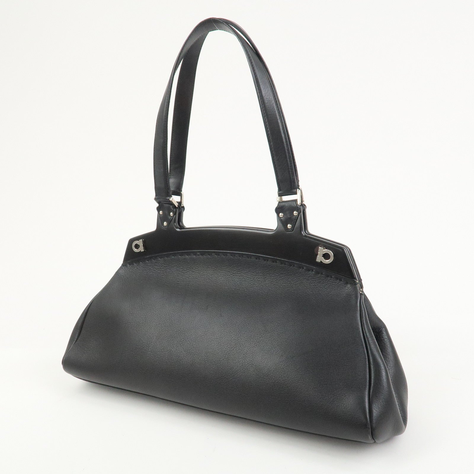 Ferragamo Gancini Leather Wood Shoulder Bag Hand Bag Black