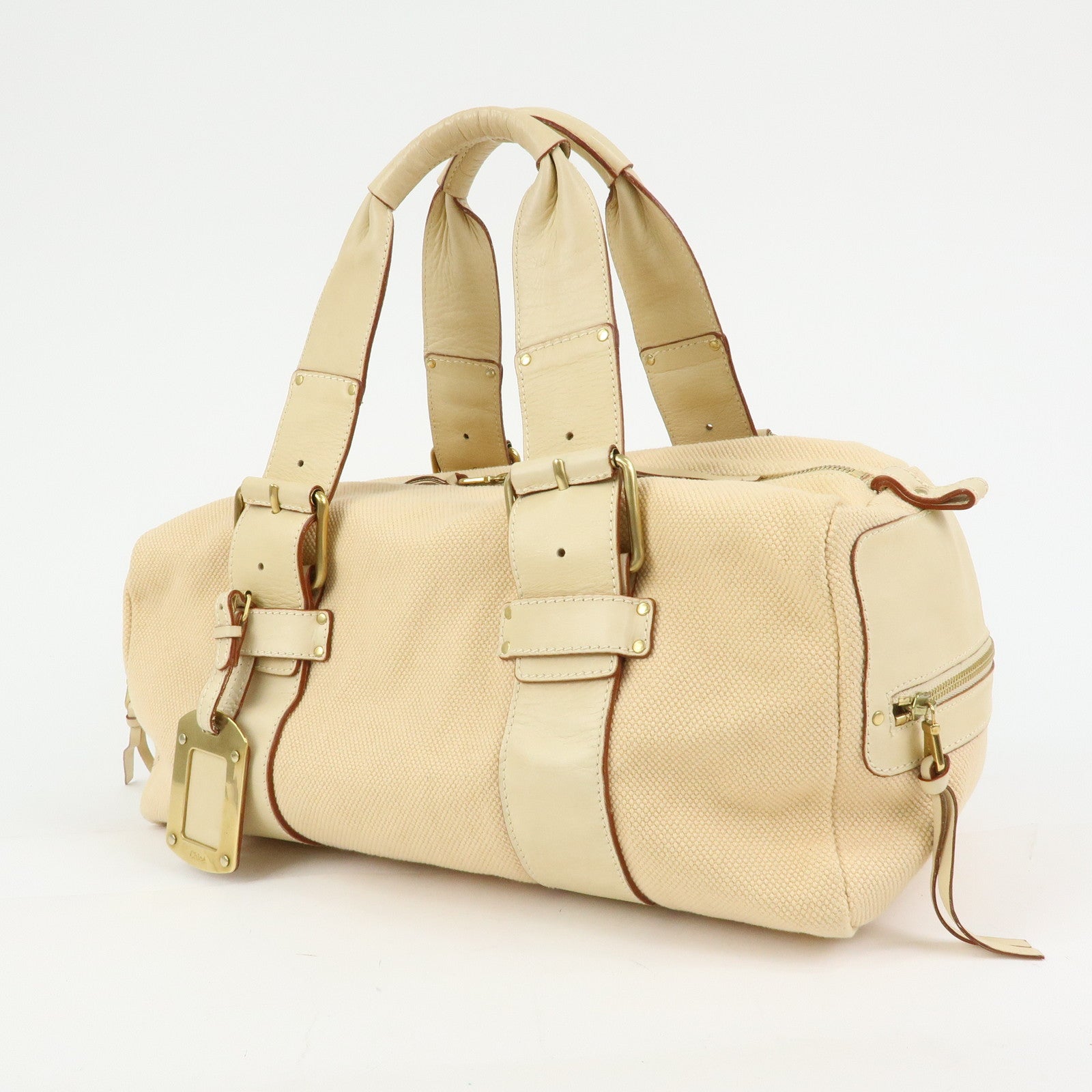 Chloe Cotton Leather Boston Bag Hand Bag Shoulder Bag Beige