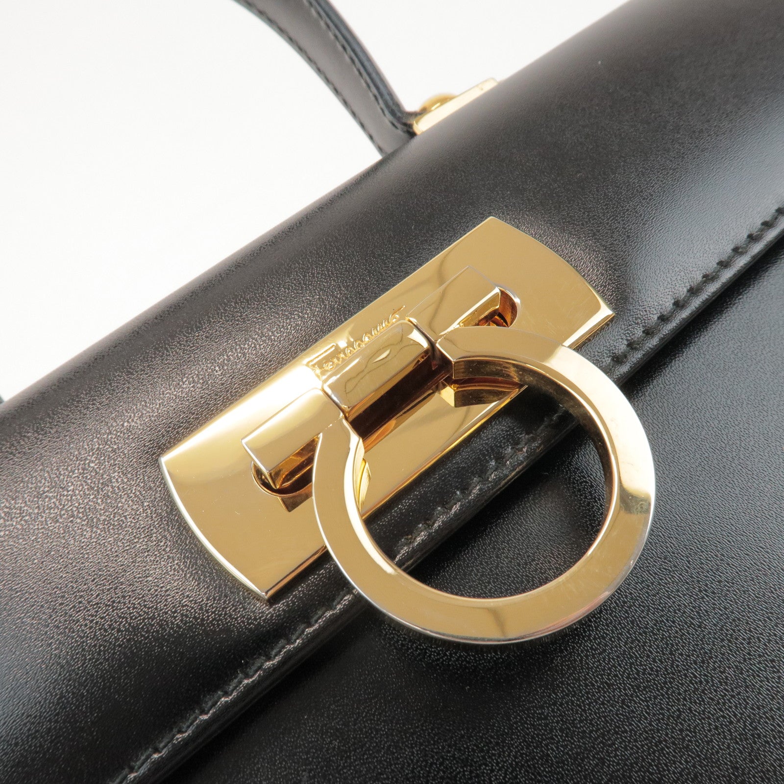 Ferragamo Gancini Calf Leather 2Way Bag Hand Shoulder Bag Black