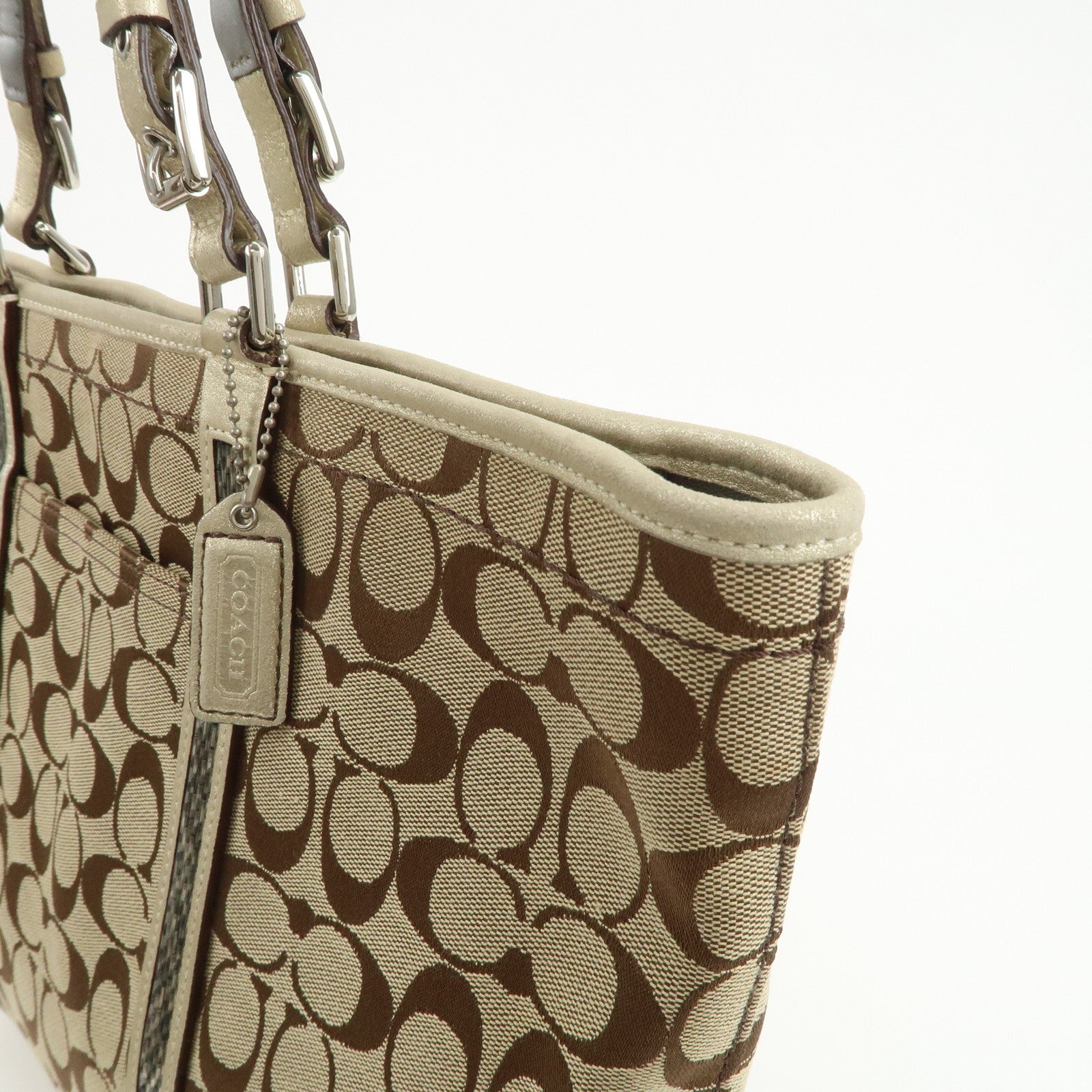 COACH Signature Set of 3 Shoulder Bag Hand Bag Beige Brown Gold