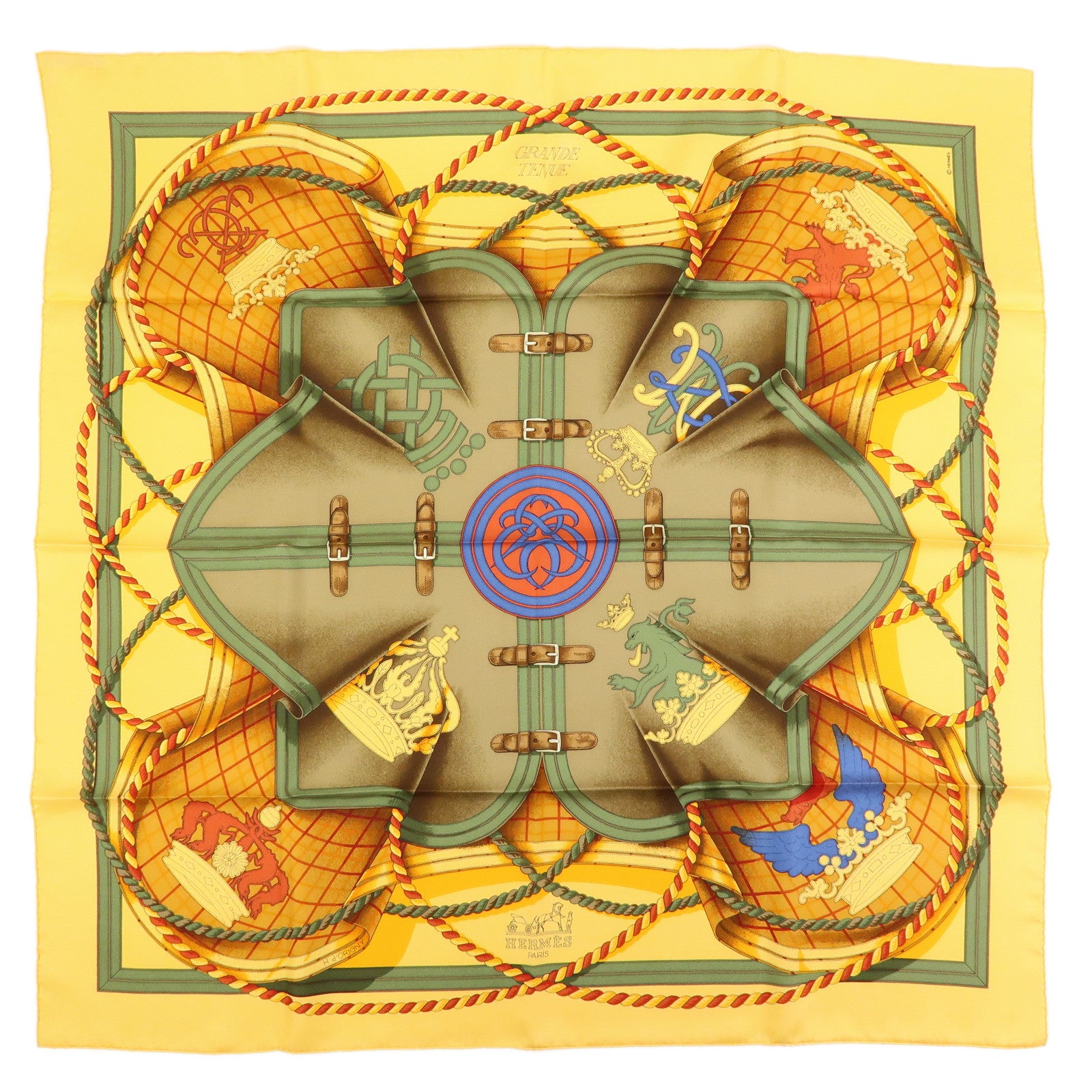 HERMES Carre 90 Silk 100% Scarf GRANDE TENUE Yellow Brown Green