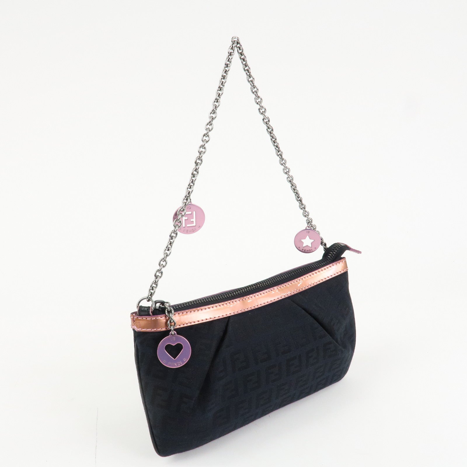 FENDI Zucchino Canvas Leather Chain Hand Bag Black Pink 8BR594 Used
