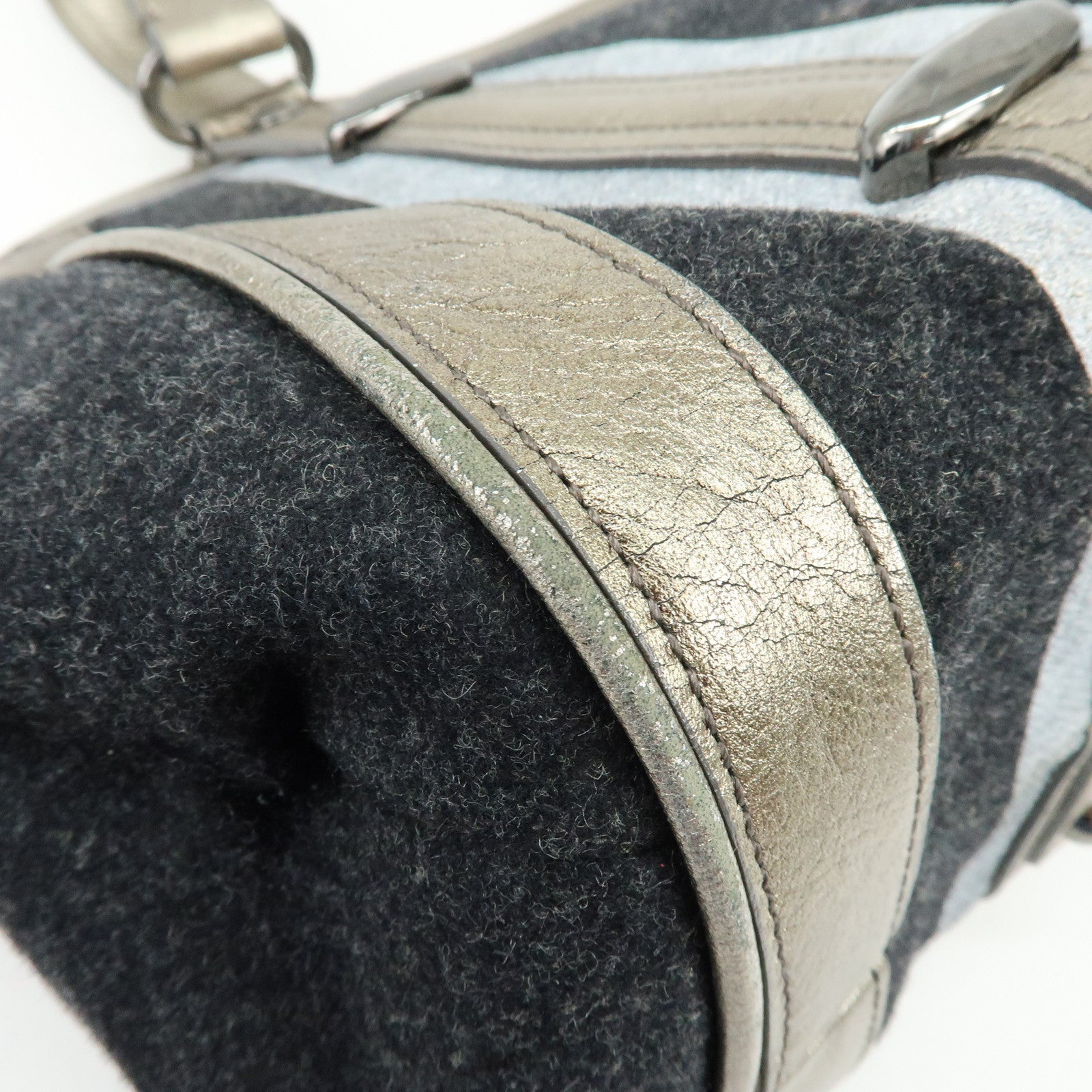 BURBERRY Blue Label Wool Leather Tote Bag Shoulder Bag Black Gold