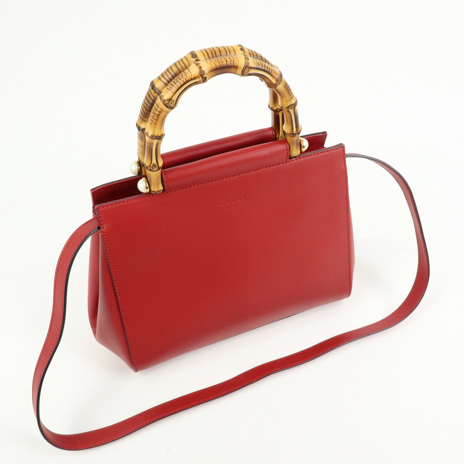 GUCCI Bamboo Nymphaea Leather 2Way Bag Hand Bag Red 453767