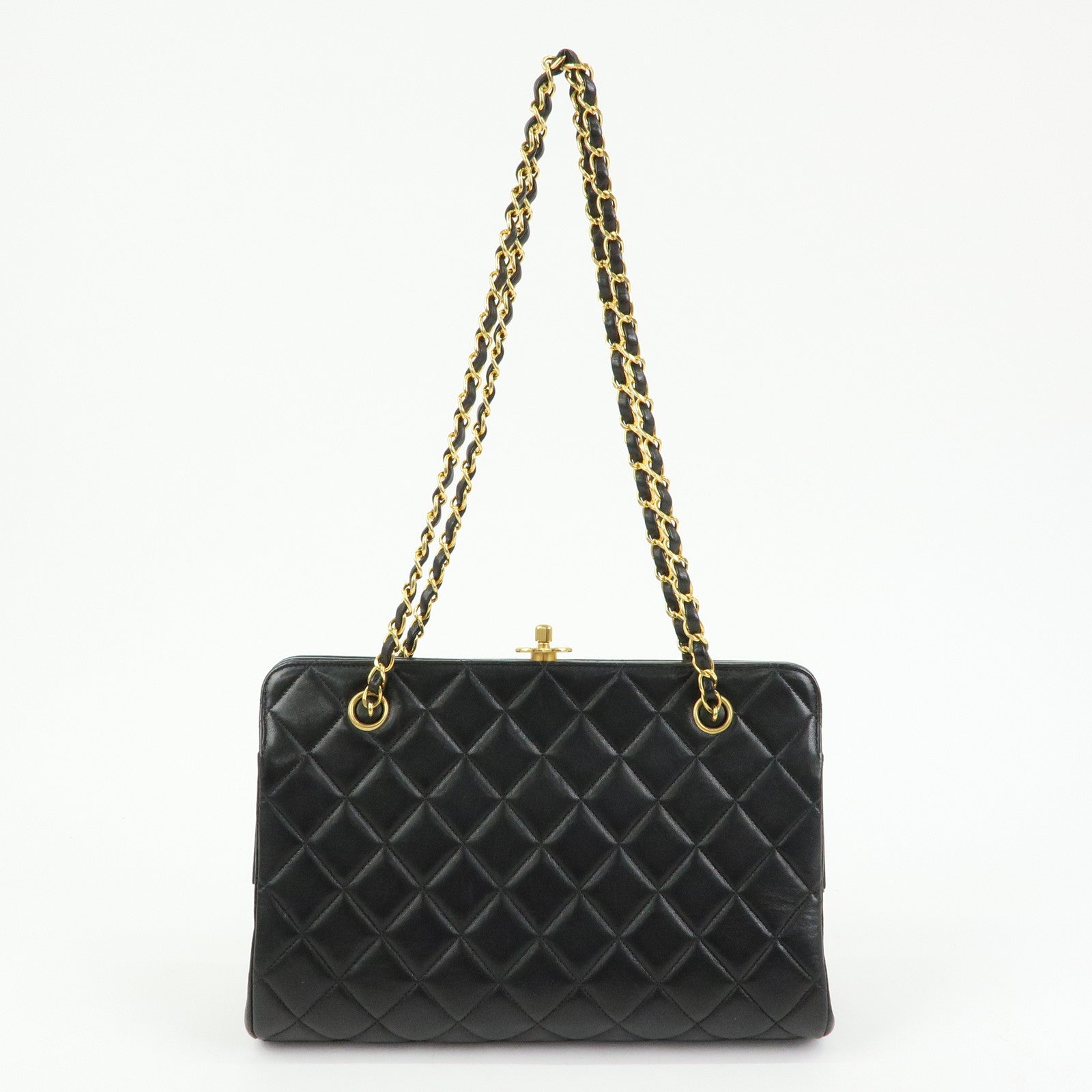 CHANEL Matelasse Lamb Skin Chain Kiss Lock Shoulder Bag Black Gold
