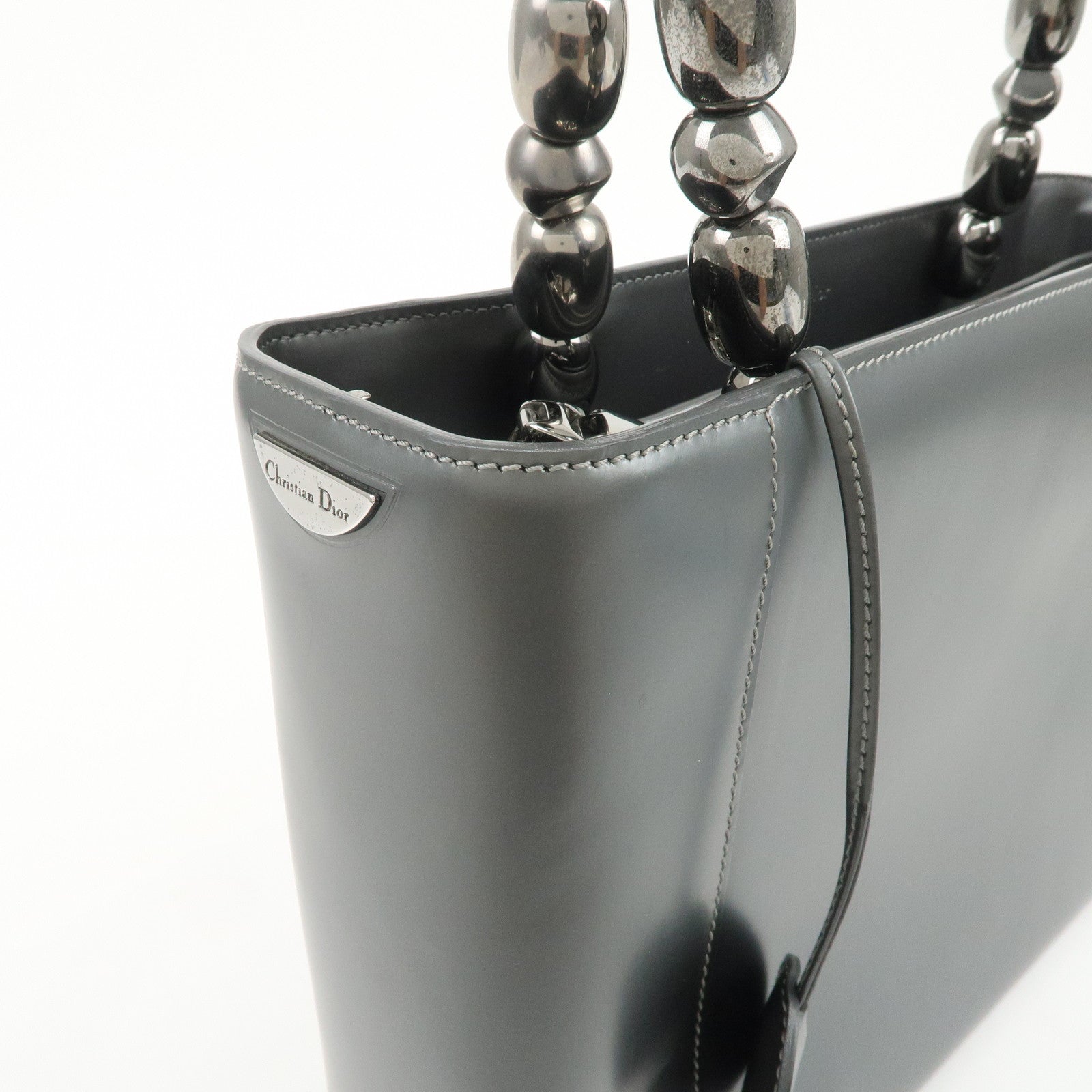 Christian Dior Maris Pearl Logo Leather Hand Bag Gray