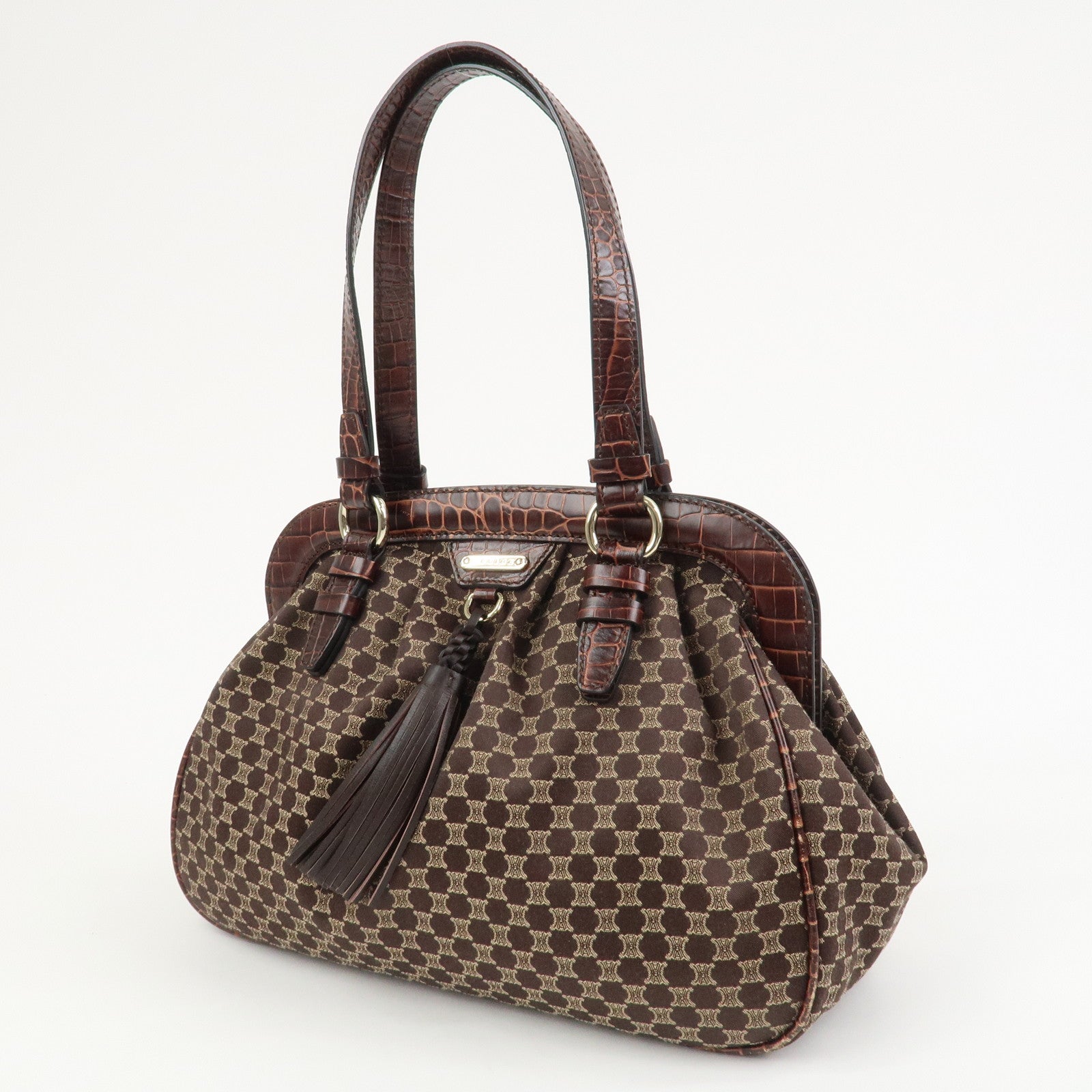 CELINE Macadam Canvas Embossed Leather Shoulder Bag Hand Bag Brown