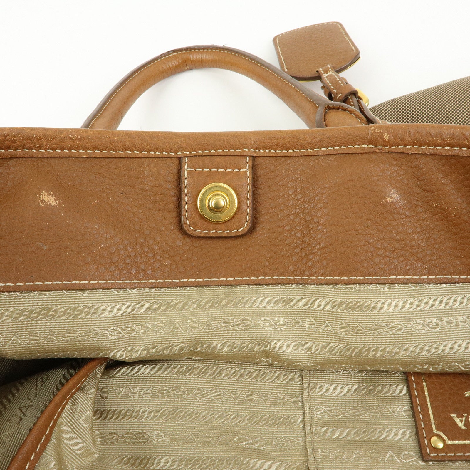 PRADA Triangle Logo Jacquard Leather 2Way Bag Hand Bag Brown
