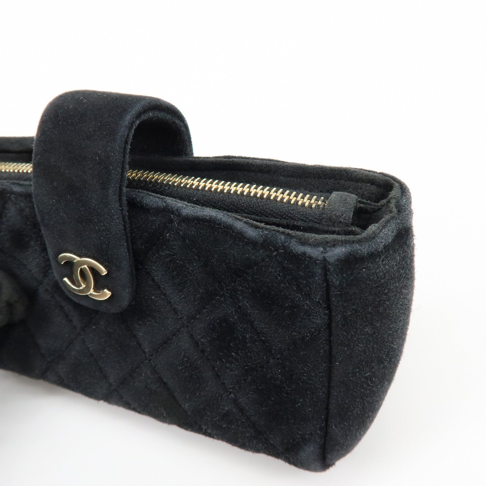 CHANEL Matelasse COCO Mark Suede Cosmetic Makeup Pouch Black