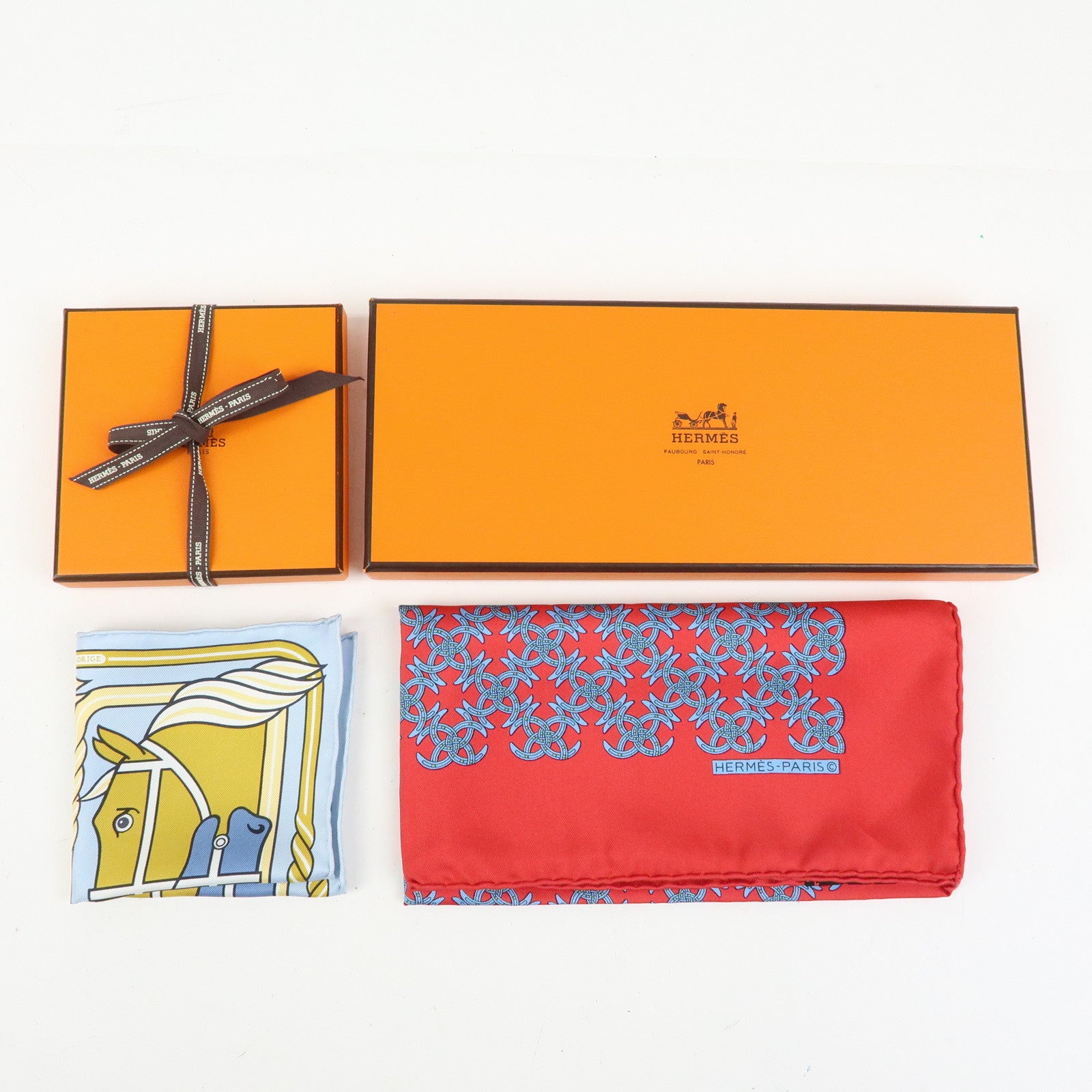 HERMES Carre 42/20 Set of 2 Silk 100% Scarf QUADRIGE Red Blue