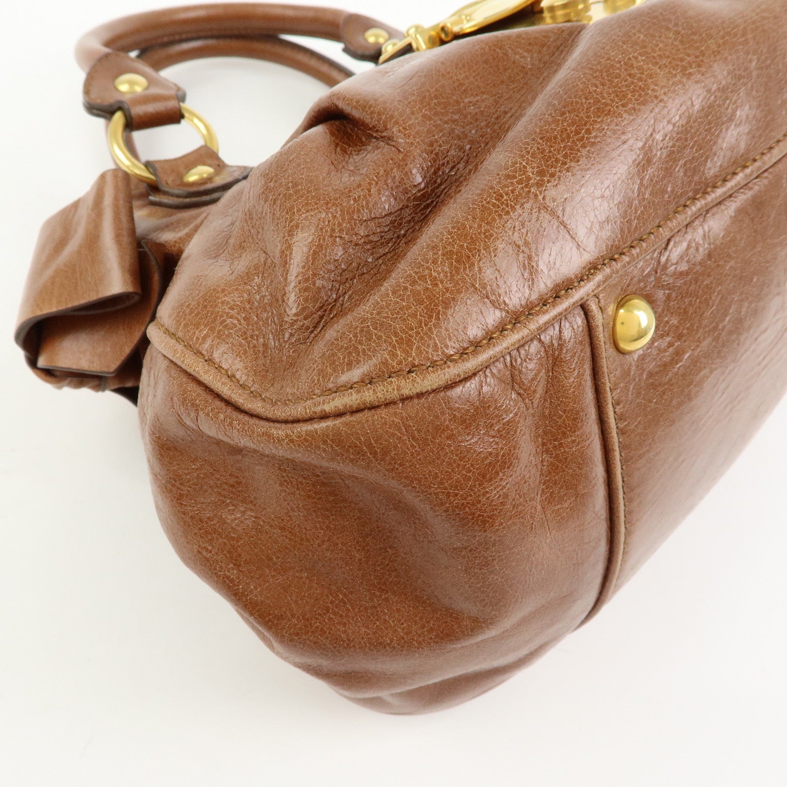 MIU MIU Leather 2Way Bag Hand Bag Shoulder Bag Side Ribbon Brown