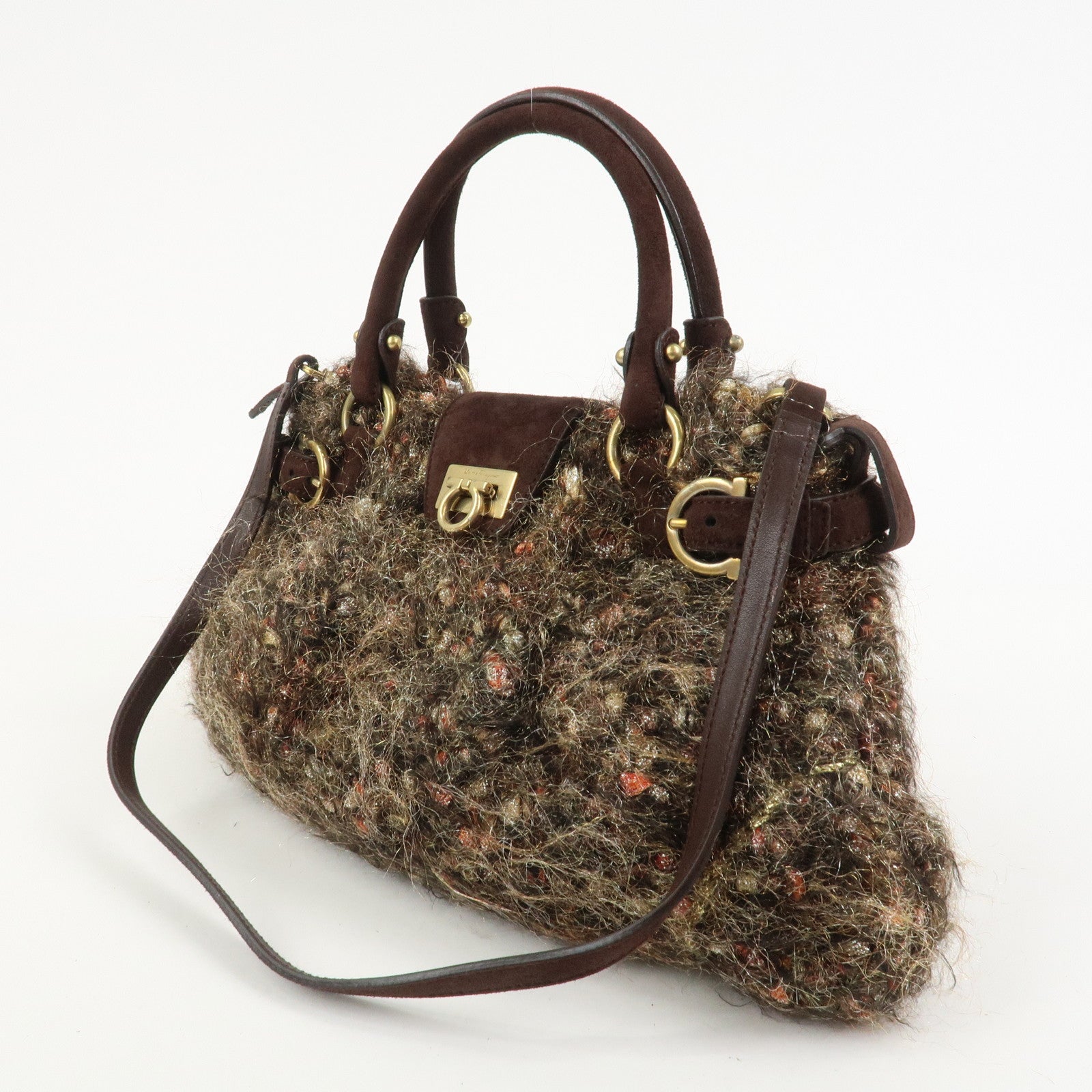 Ferragamo Gancini Wool Suede 2Way Bag Hand Bag Shoulder Bag Brown