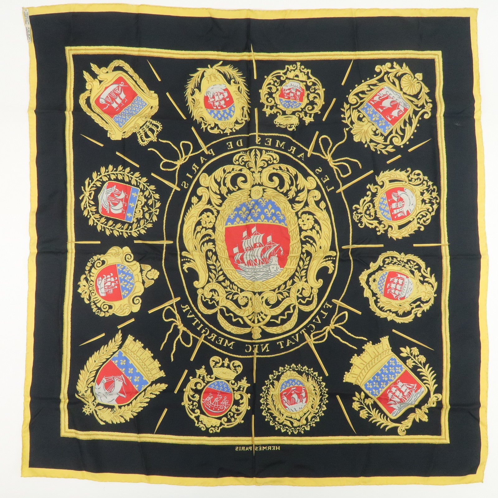 HERMES Carre 90 Silk 100% LES ARMES DE PARIS Scarf Black Gold