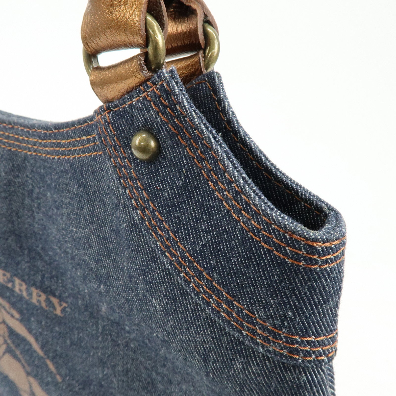 BURBERRY Blue Label Denim Leather Tote Bag Indigo Metallic Brown