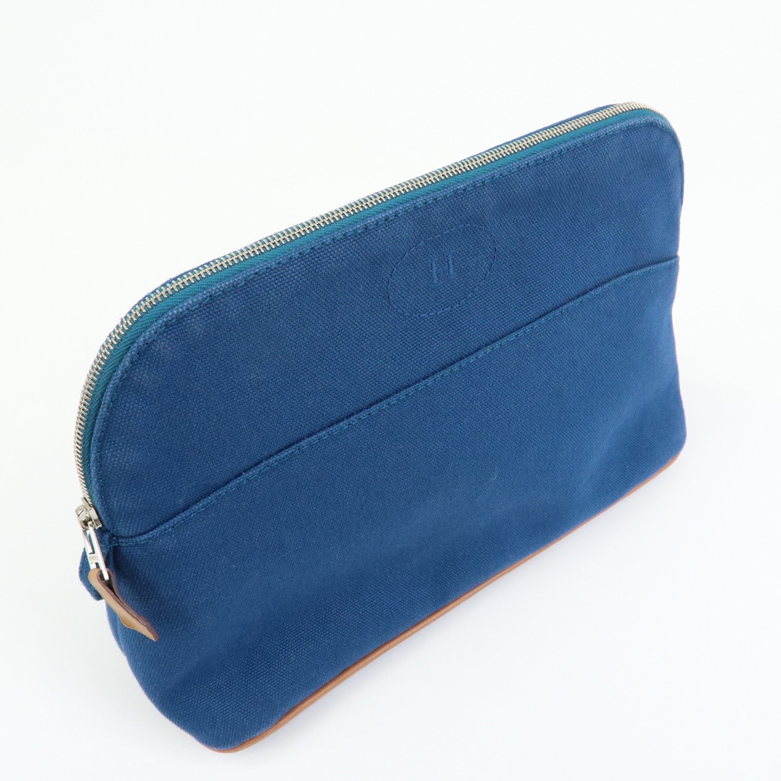 HERMES Bolide MM Cotton Leather Costmetic Pouch Blue