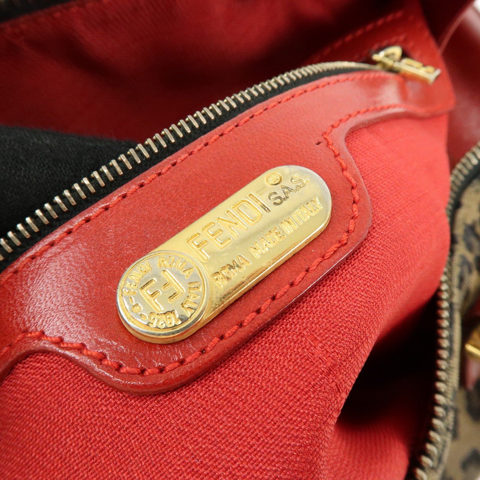 FENDI Canvas Leather Hand Bag Boston Bag Leopard Brown Red