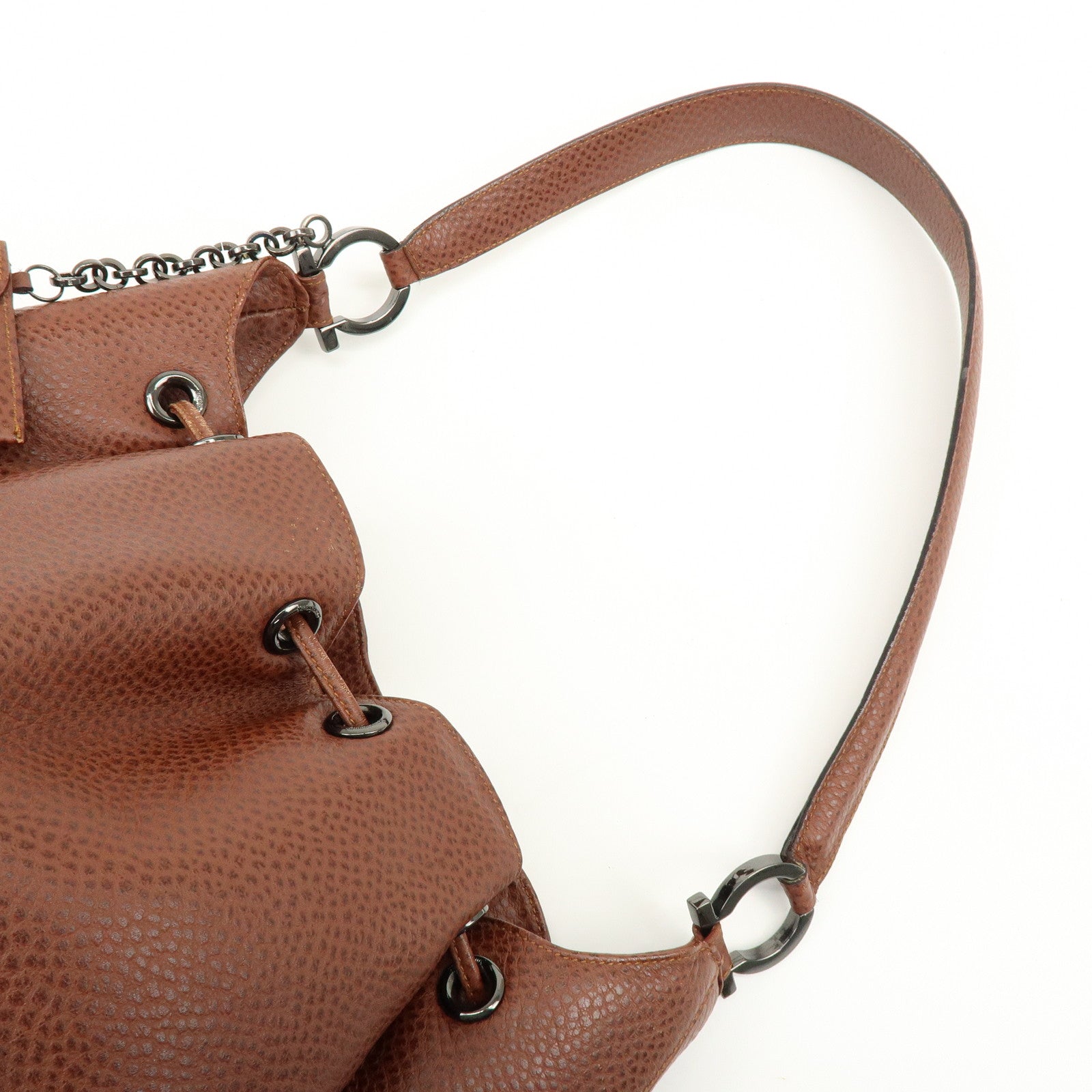 Ferragamo Gancini Leather Drawstring Bag Shoulder Bag Brown